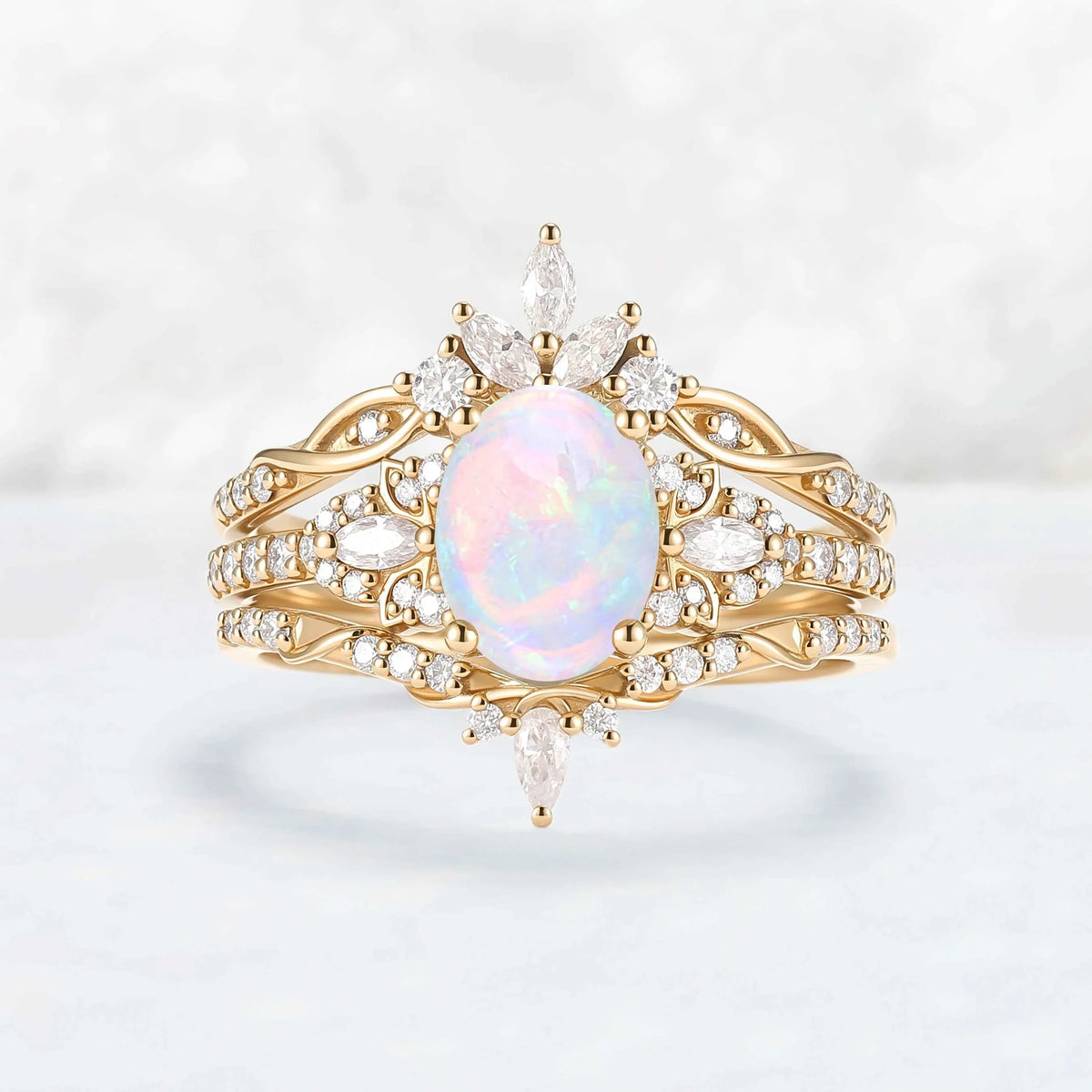 Nature Inspired Cross Oval Ring Set with Moissanite 3pcs Set - IverJewelry