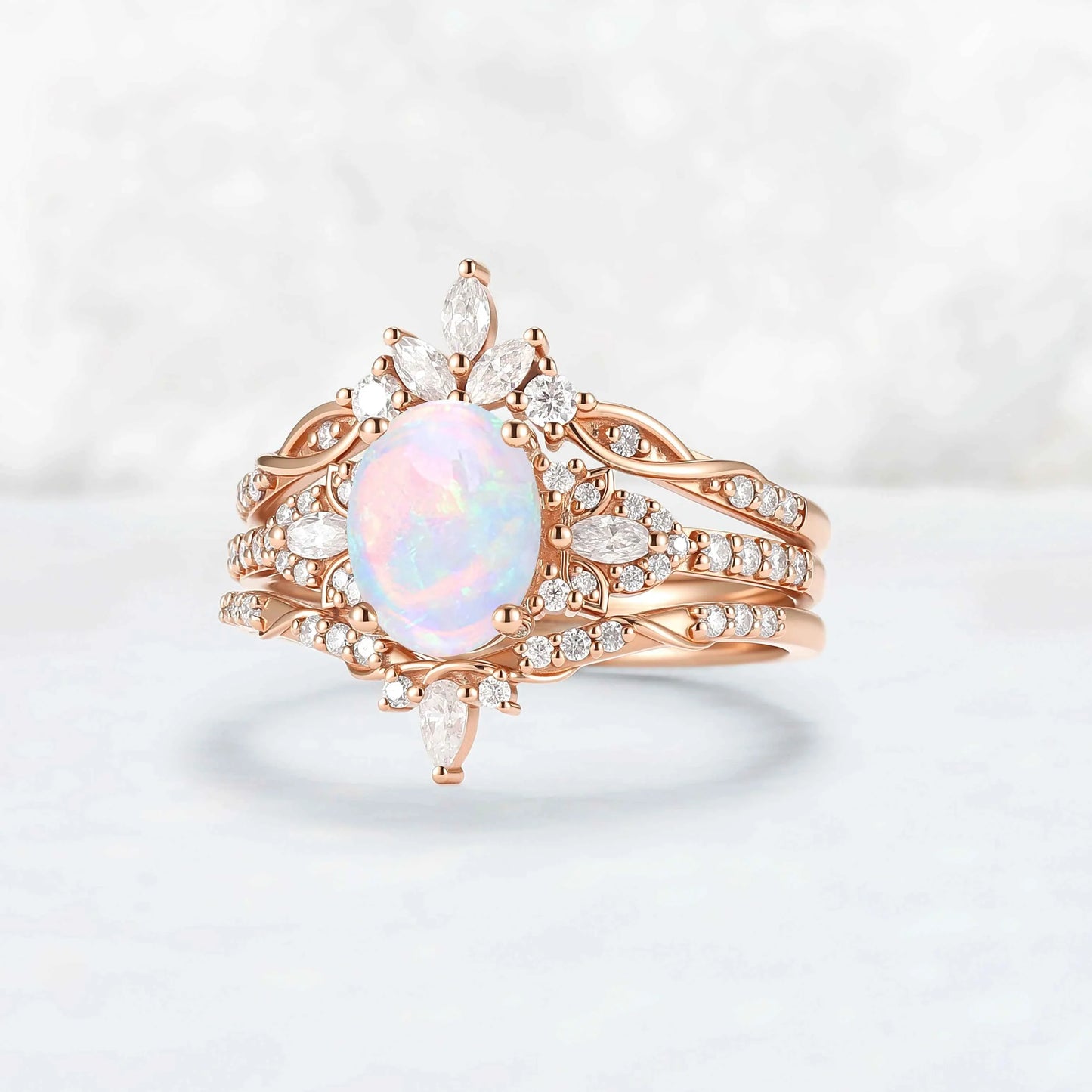 Nature Inspired Cross Oval Ring Set with Moissanite 3pcs Set - IverJewelry
