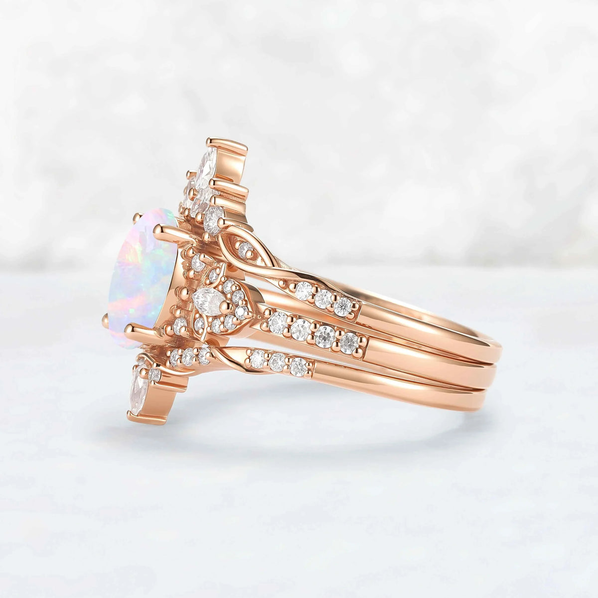 Nature Inspired Cross Oval Ring Set with Moissanite 3pcs Set - IverJewelry