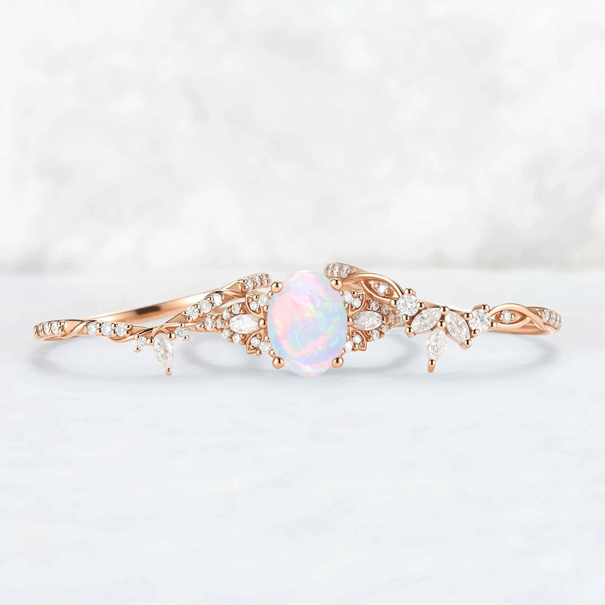Nature Inspired Cross Oval Ring Set with Moissanite 3pcs Set - IverJewelry