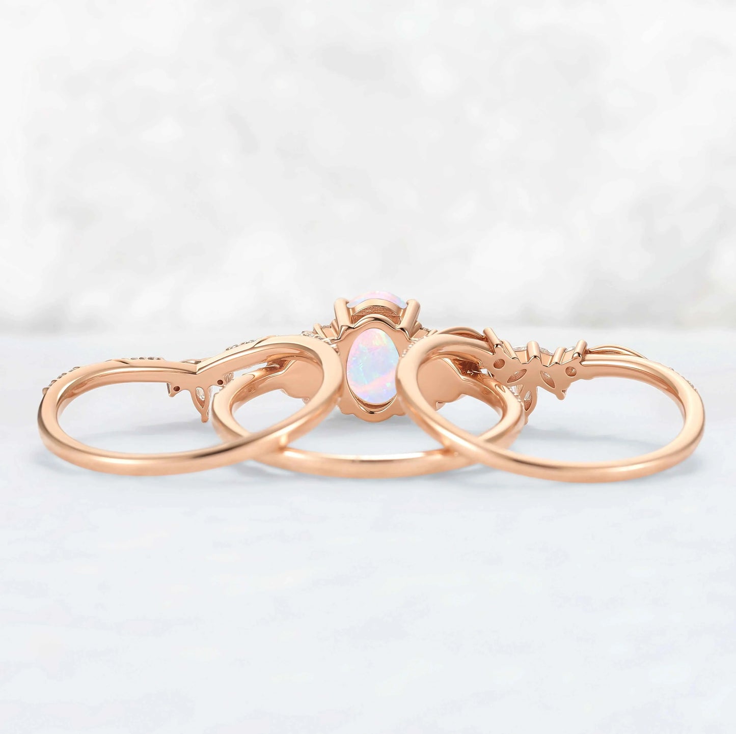 Nature Inspired Cross Oval Ring Set with Moissanite 3pcs Set - IverJewelry
