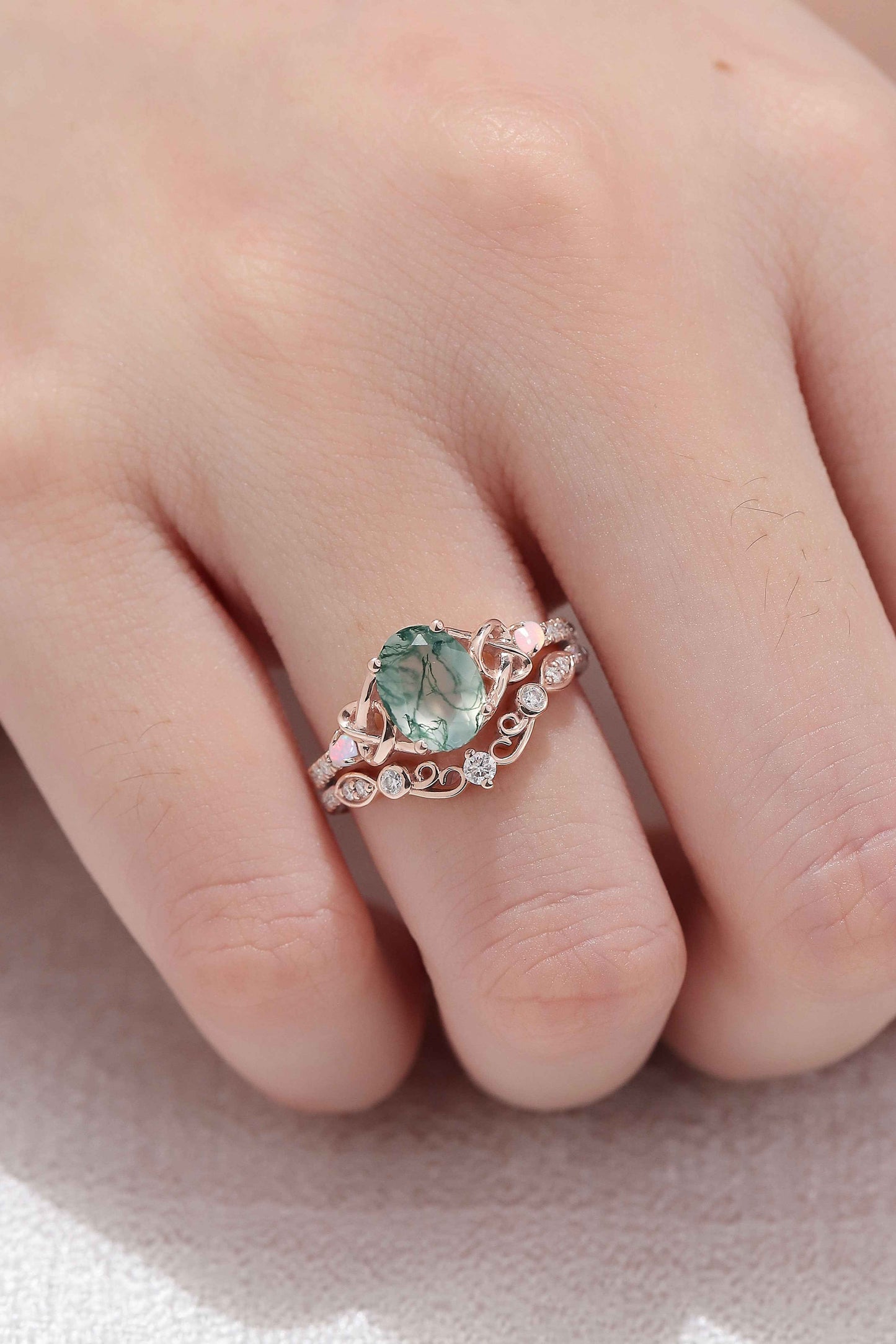 Nature Inspired Oval Cut Moss Agate Silver Engagement Ring Set 2pcs