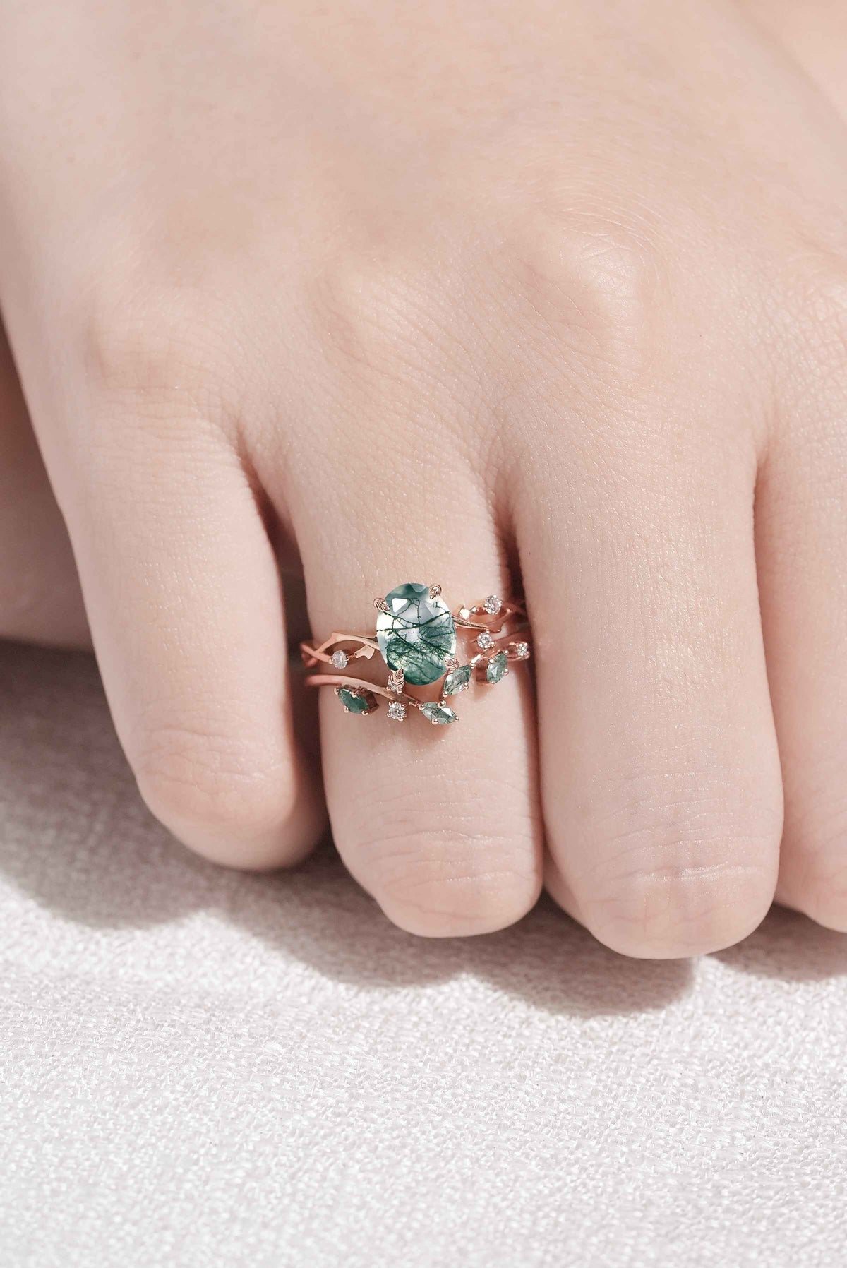 Nature Inspired Oval Cut Moss Agate Vine Design Silver Ring Set 2pcs