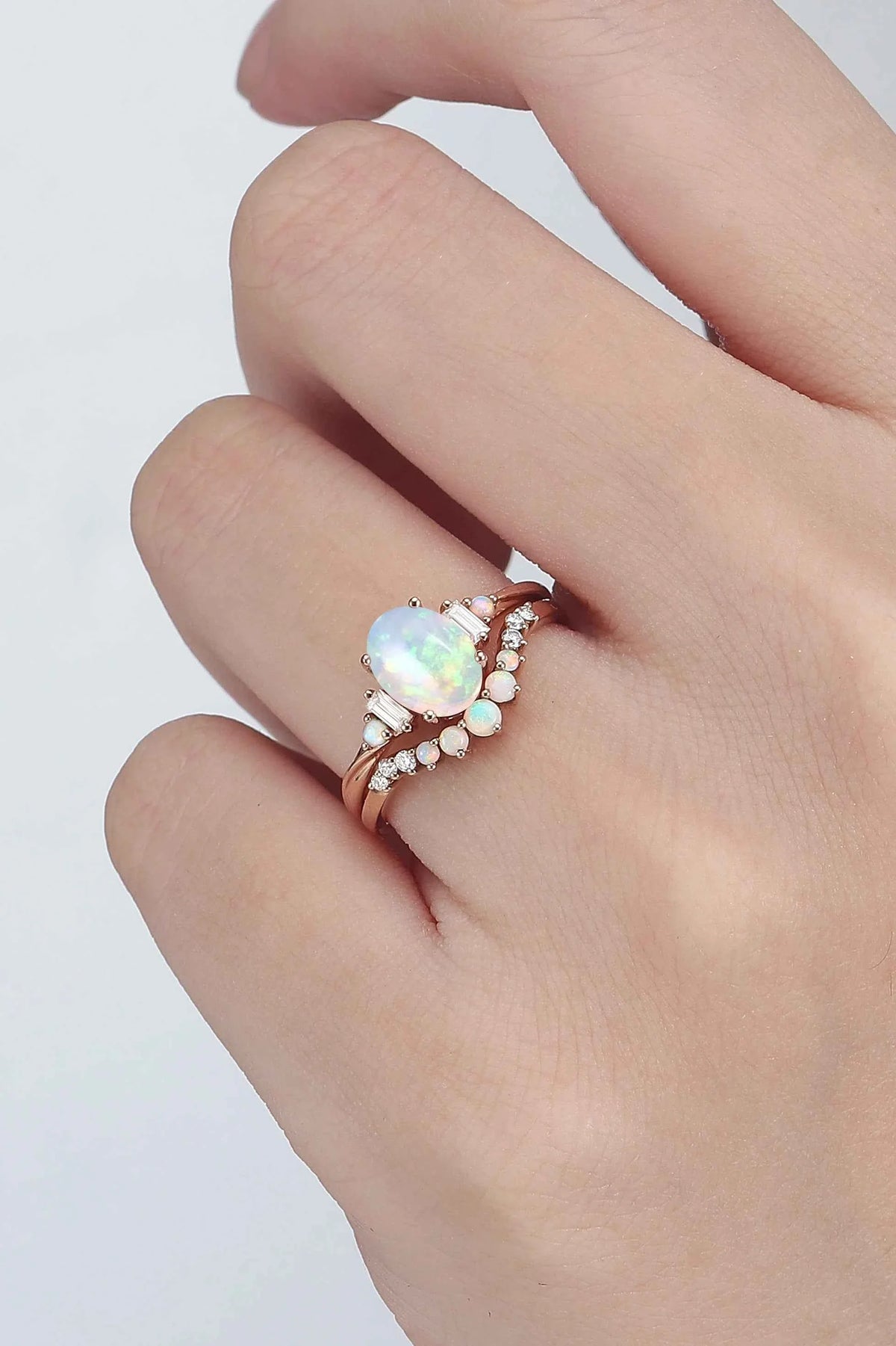 Nature Inspired Oval Ring Set with Moissanite 2pcs Set - IverJewelry