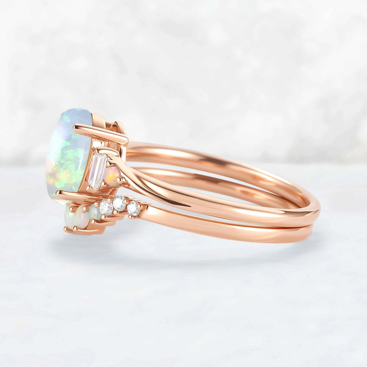 Nature Inspired Oval Ring Set with Moissanite 2pcs Set - IverJewelry