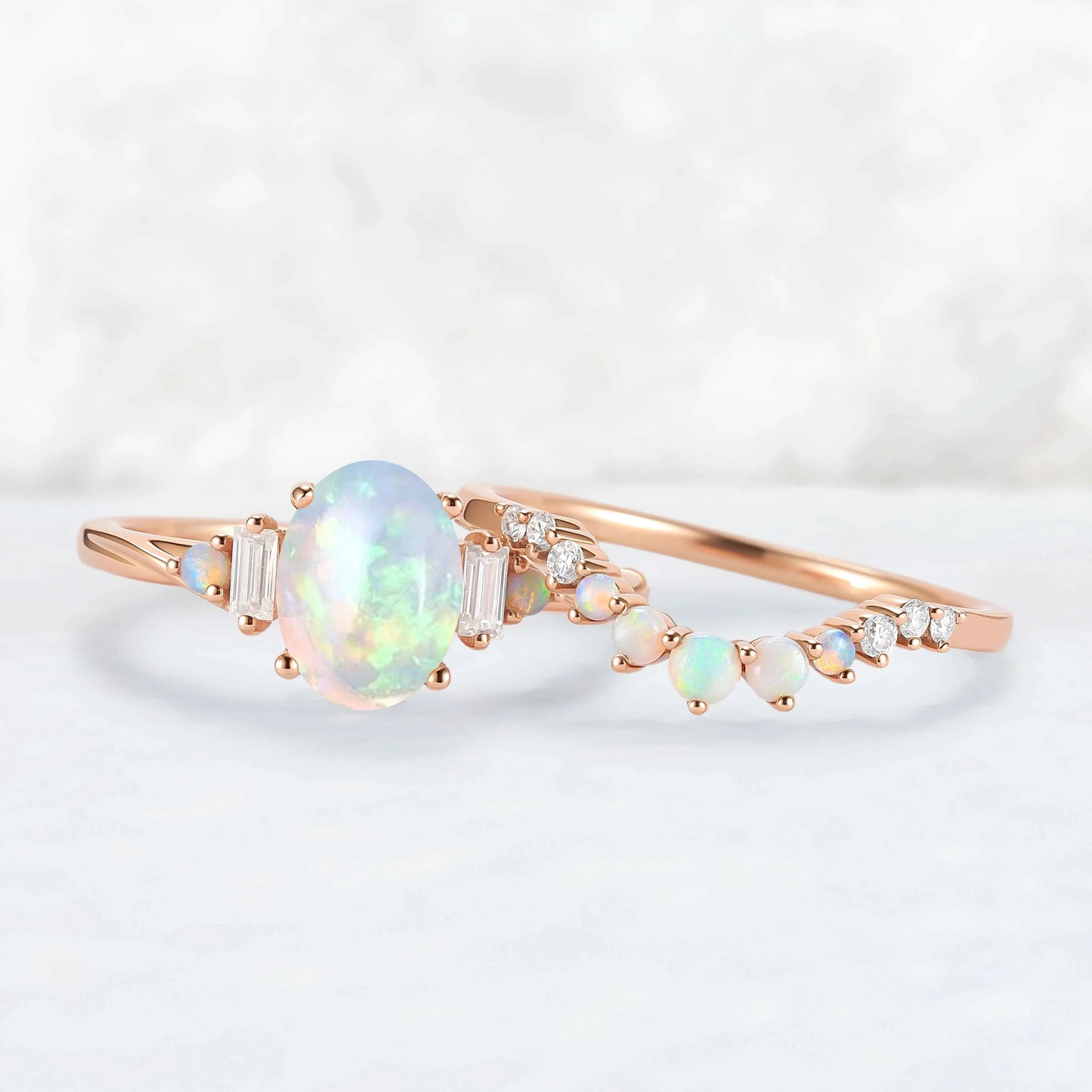 Nature Inspired Oval Ring Set with Moissanite 2pcs Set - IverJewelry
