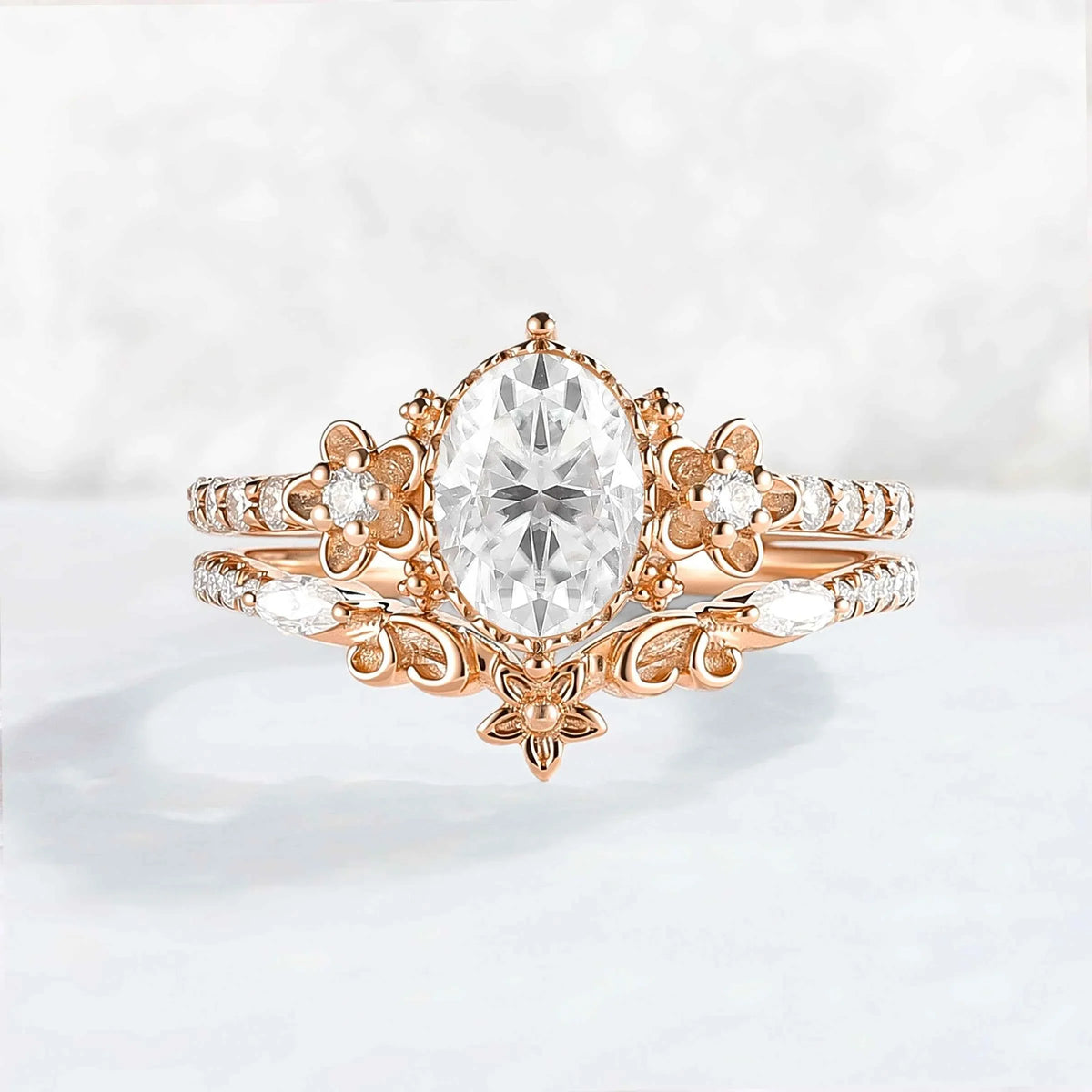 Nature Inspired Oval Shaped Moissanite Flora Ring 2pcs