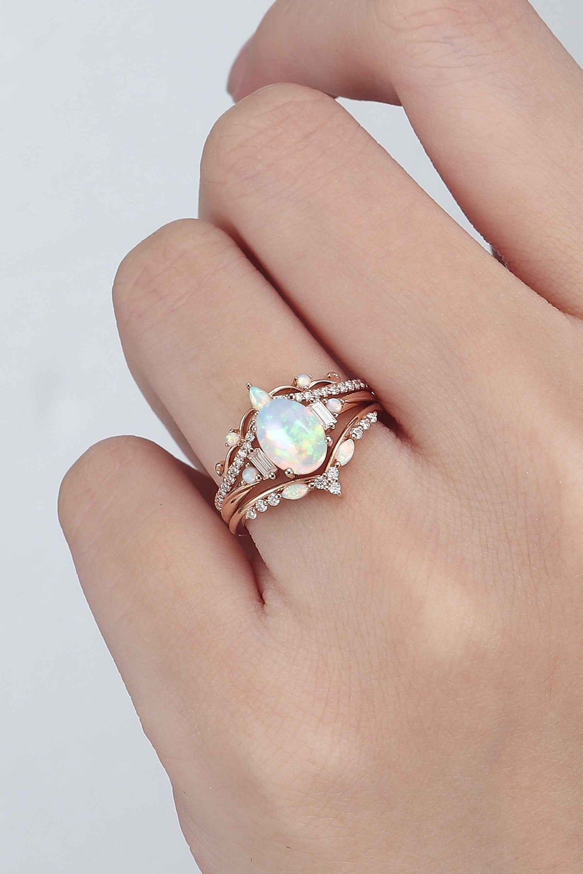 Nature Inspired Oval Shaped Opal Ring Set 3pcs