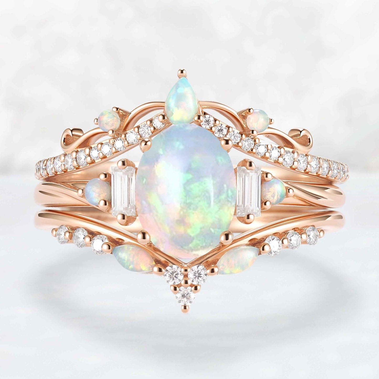 Nature Inspired Oval Shaped Opal Ring Set 3pcs