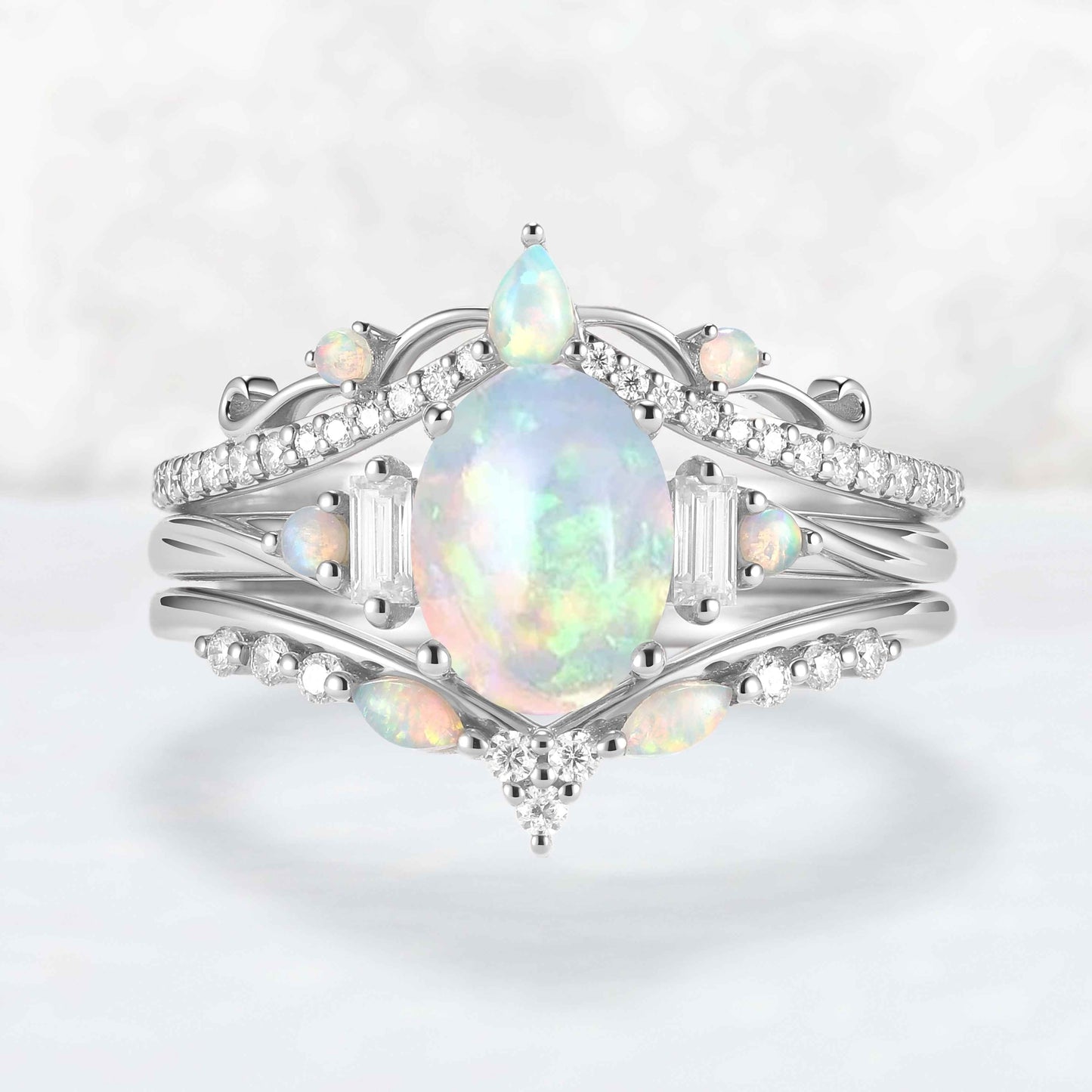 Nature Inspired Oval Shaped Opal Ring Set 3pcs