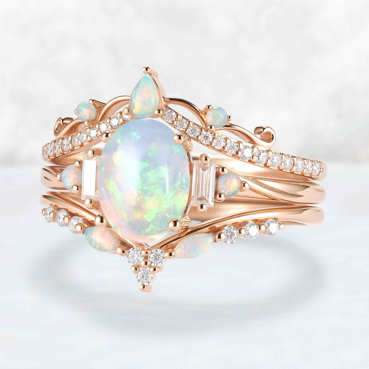 Nature Inspired Oval Shaped Opal Ring Set 3pcs