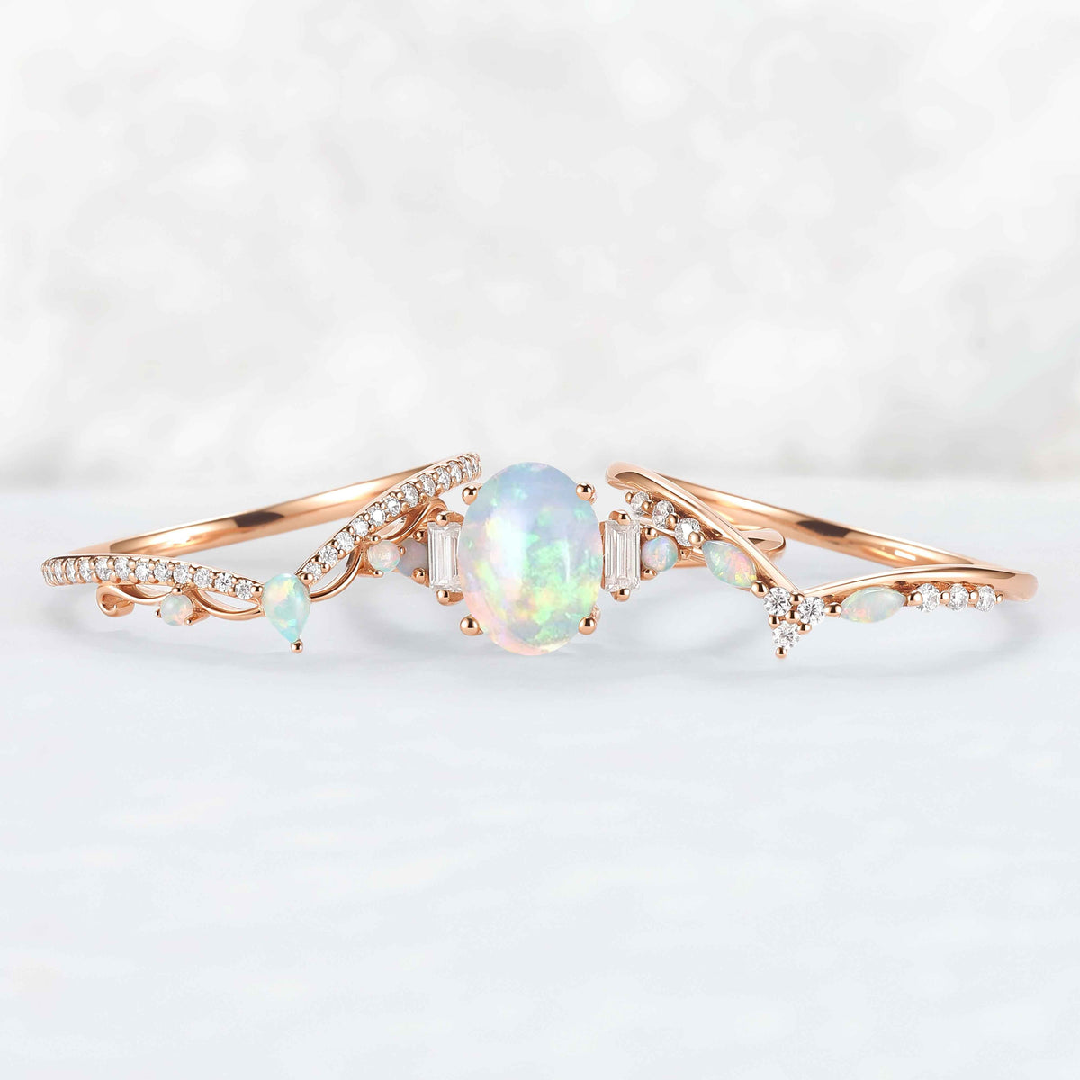 Nature Inspired Oval Shaped Opal Ring Set 3pcs