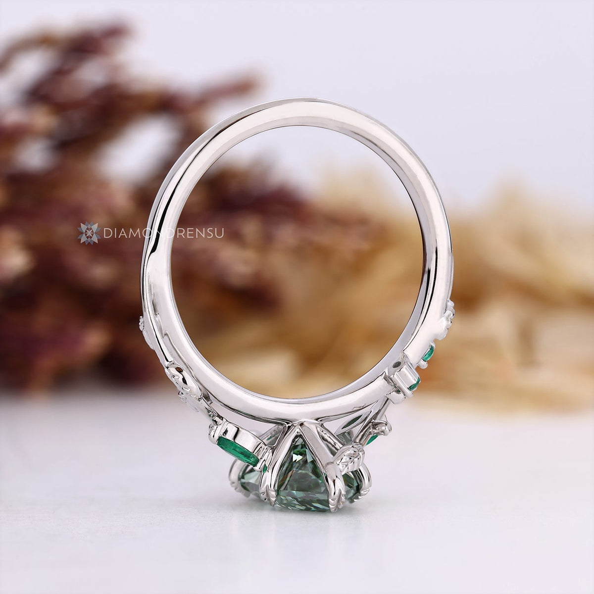 Green Dutch Marquise Diamond Ring in Nature Inspired Style