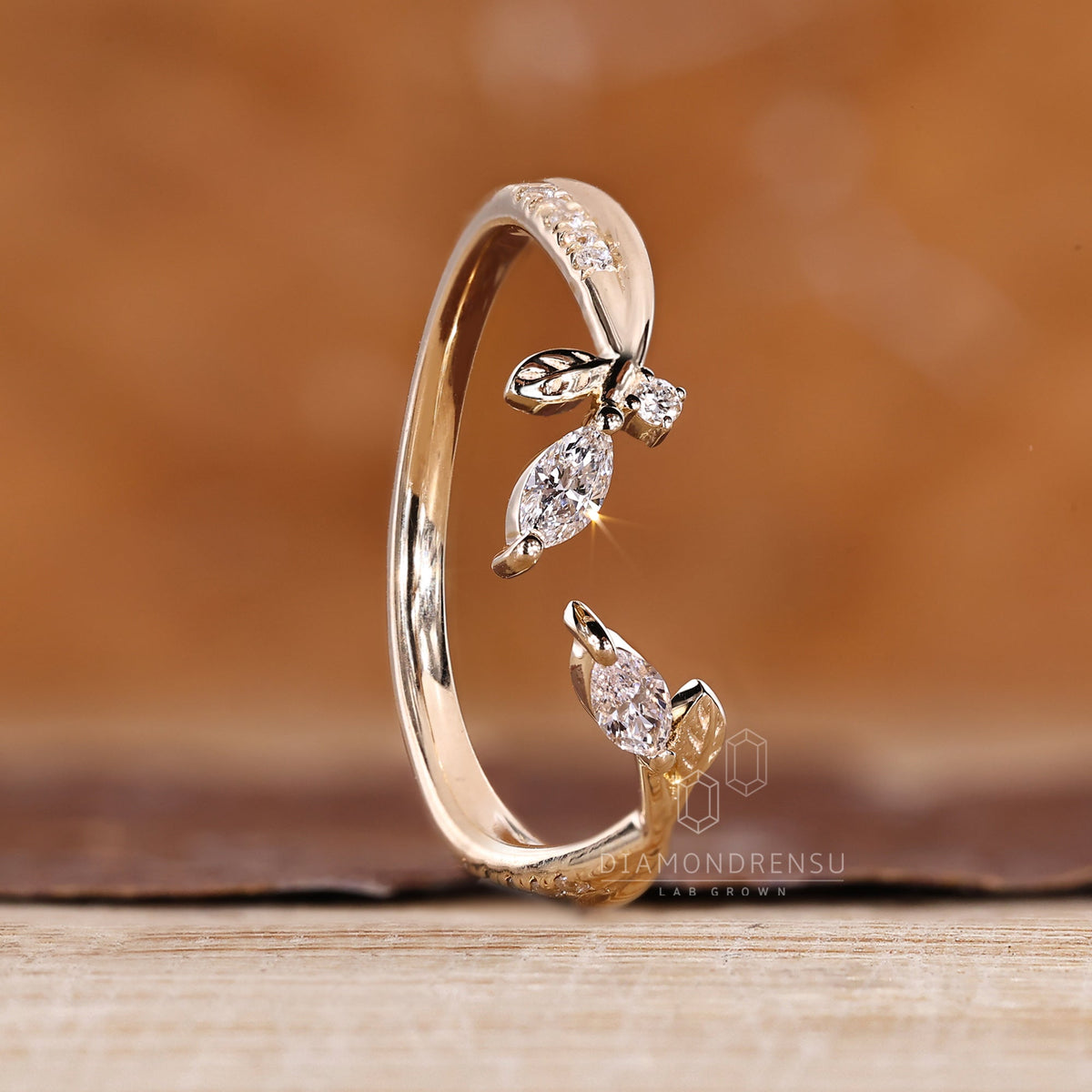 Nature Inspired Wedding Band with Marquise Stone in Open Gap Setting