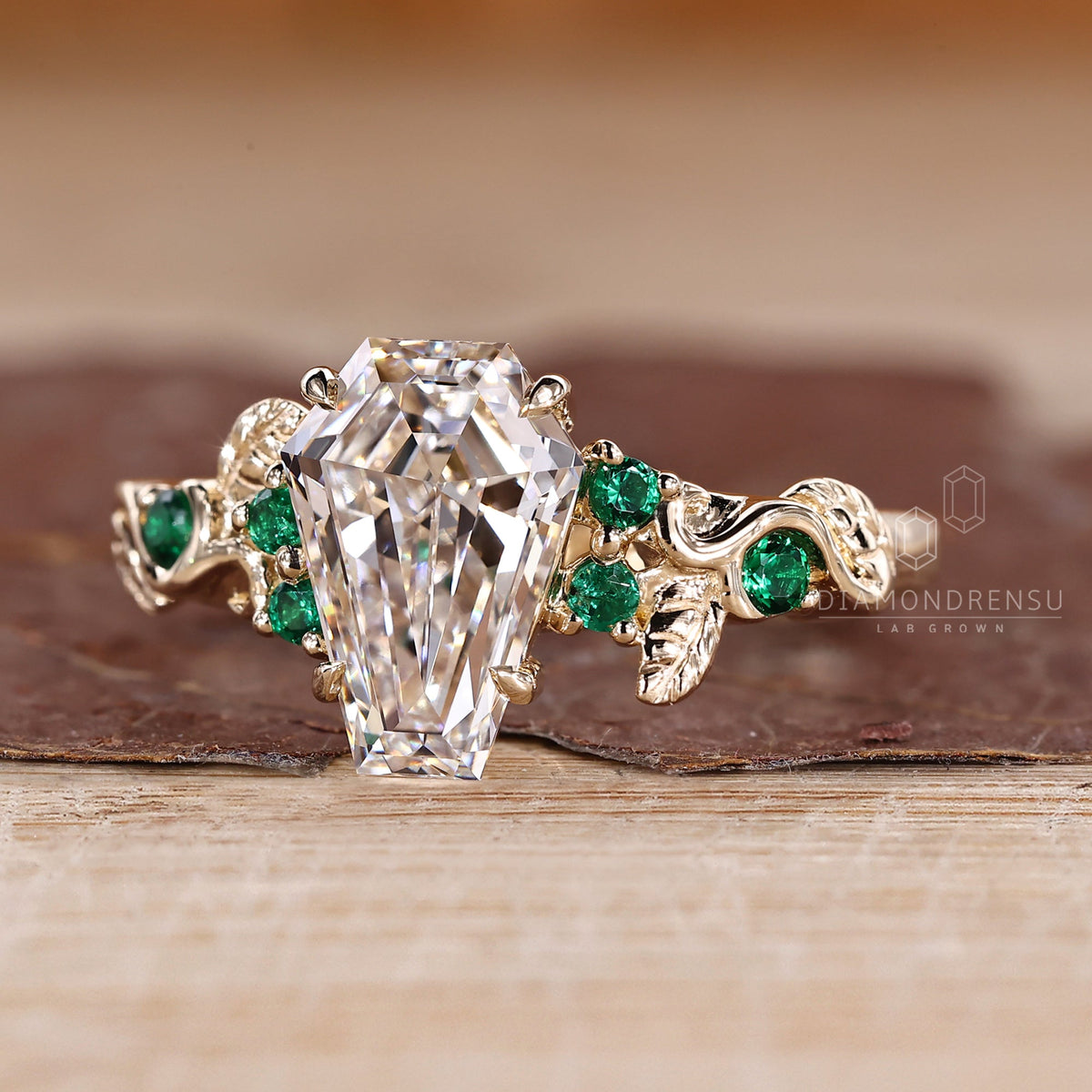 Coffin Cut Engagement Ring with Green Emerald Round Side Stones