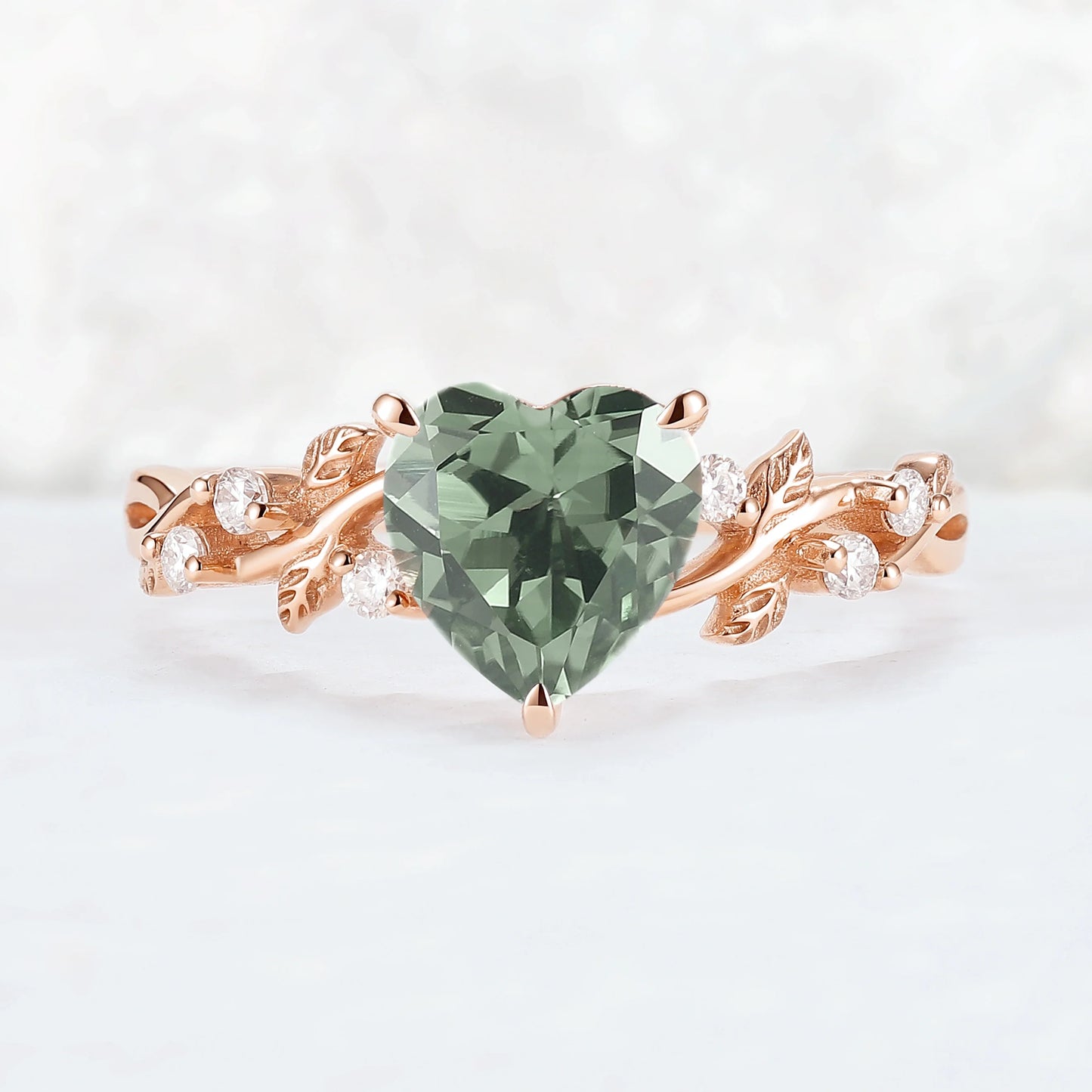 Nature Heart Cut Green Sapphire Twig Leafy Gemstone Ring