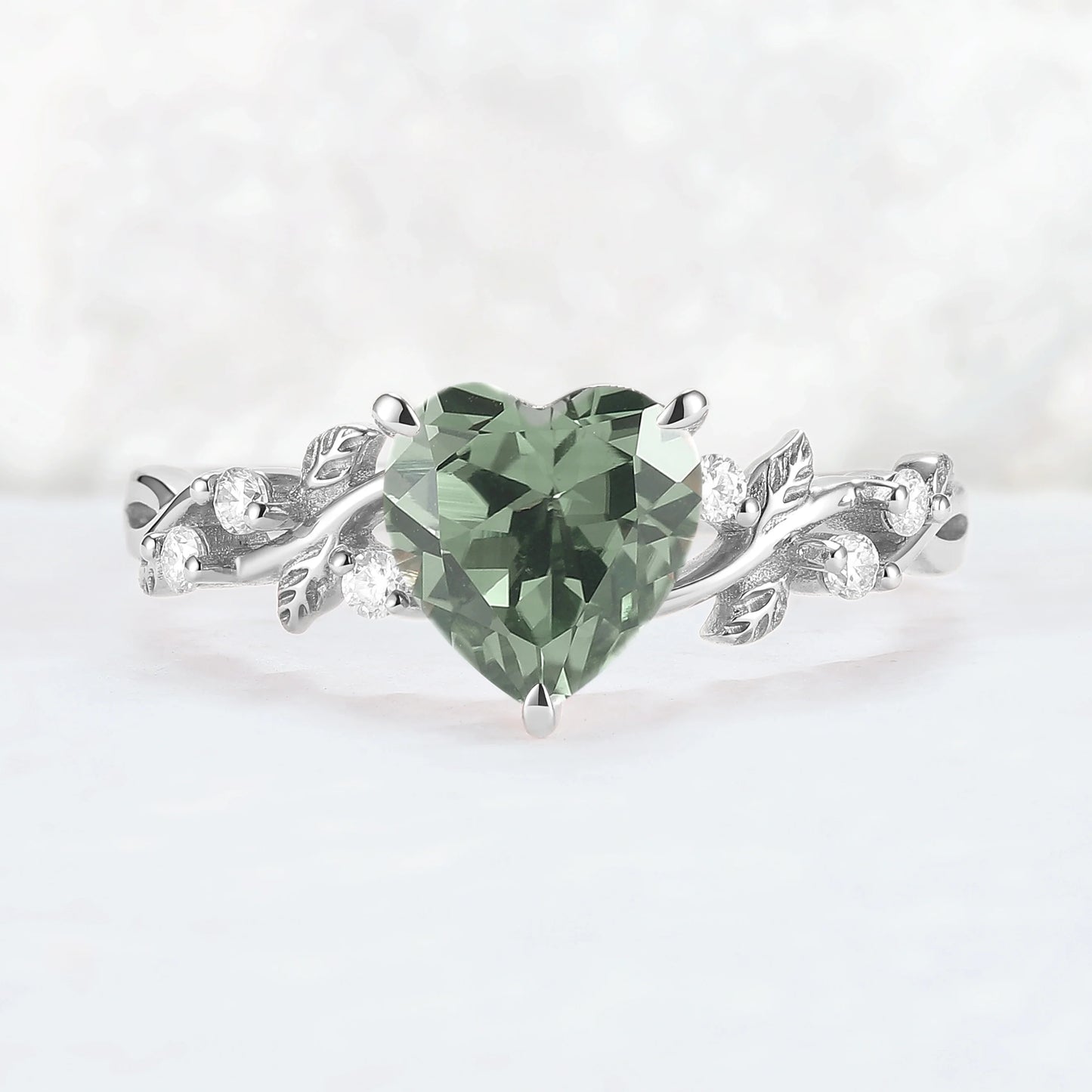 Nature Heart Cut Green Sapphire Twig Leafy Gemstone Ring