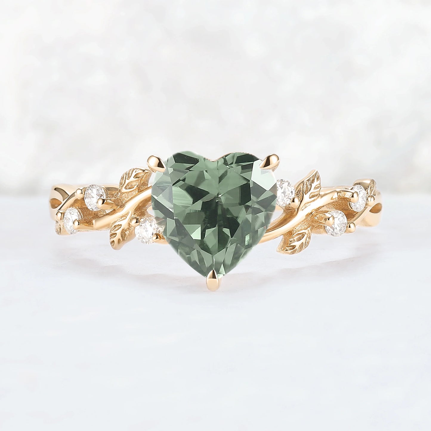 Nature Heart Cut Green Sapphire Twig Leafy Gemstone Ring