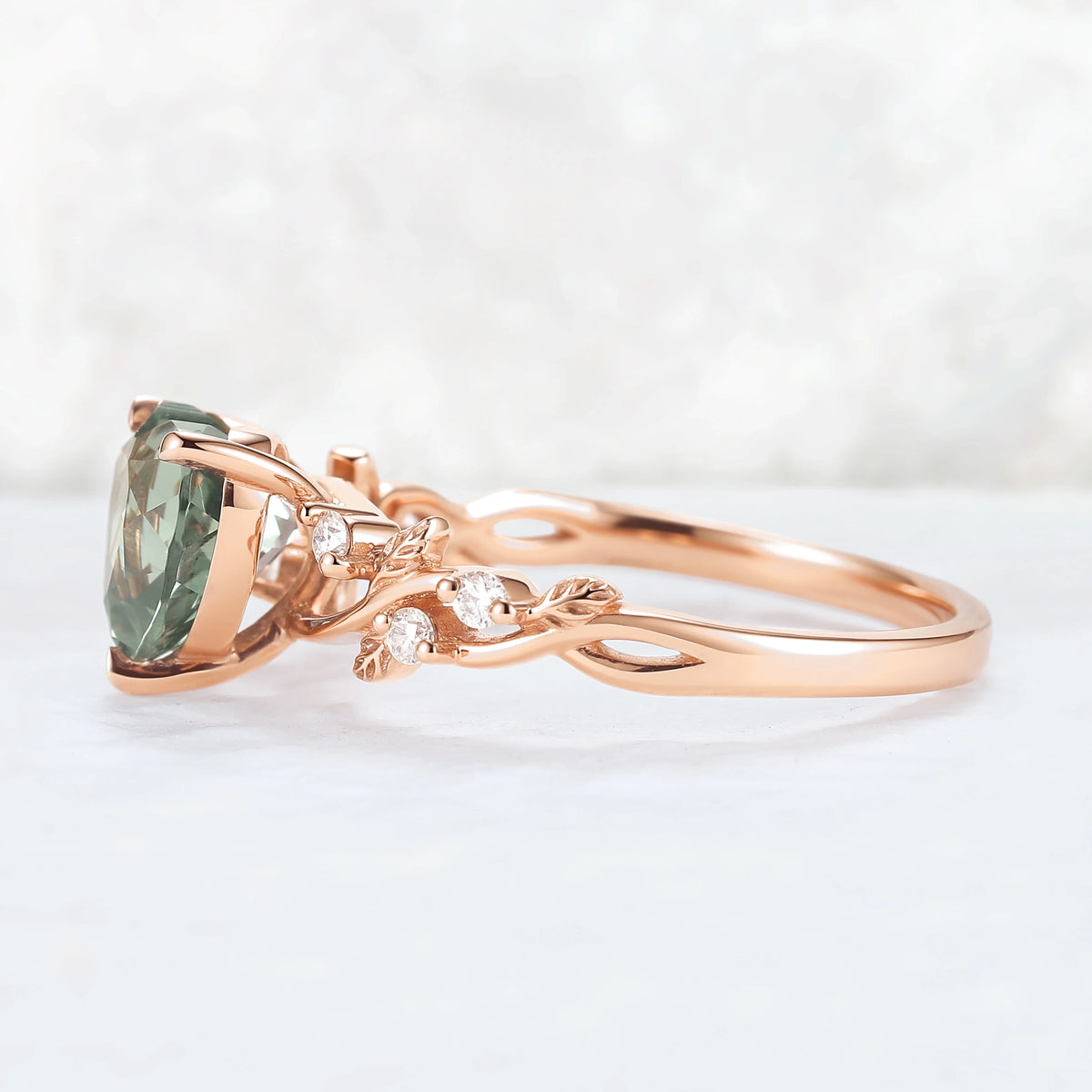 Nature Heart Cut Green Sapphire Twig Leafy Gemstone Ring