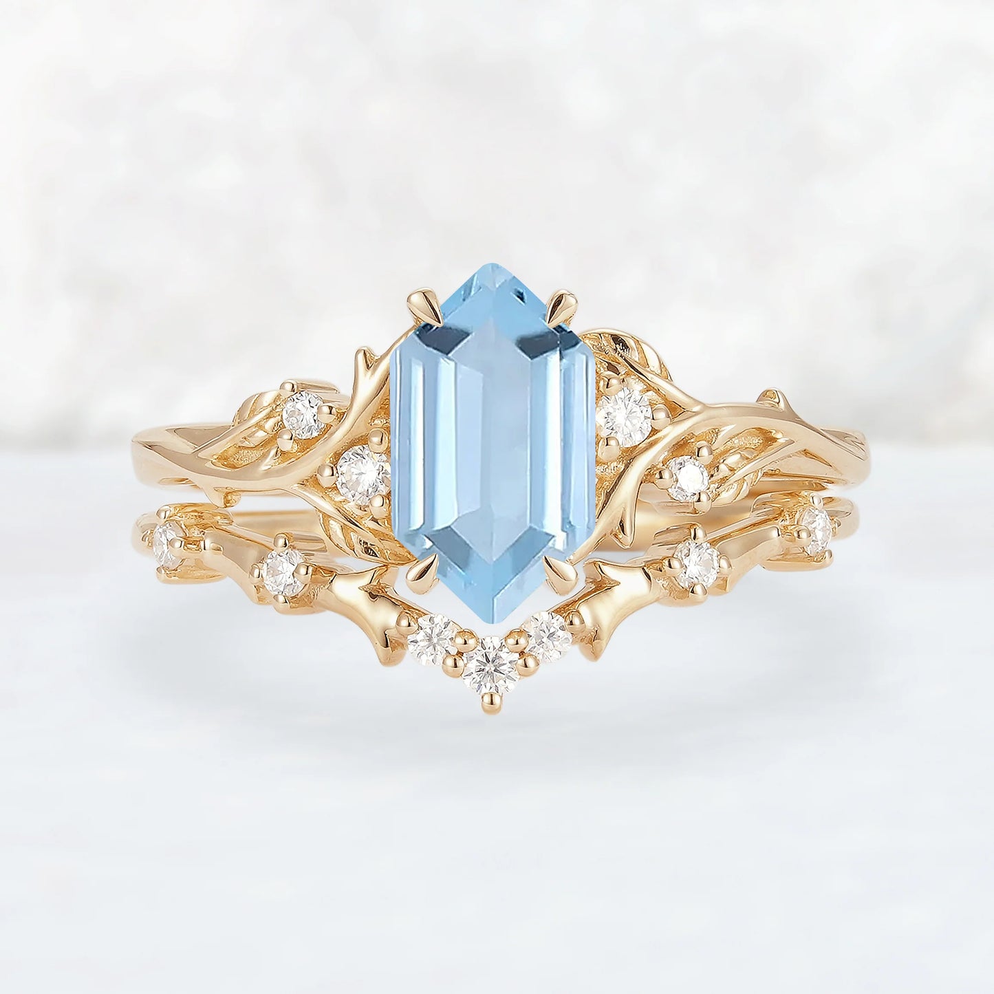 Nature Hexagon Cut Aquamarine Vine Gemstone Ring Set 2pcs