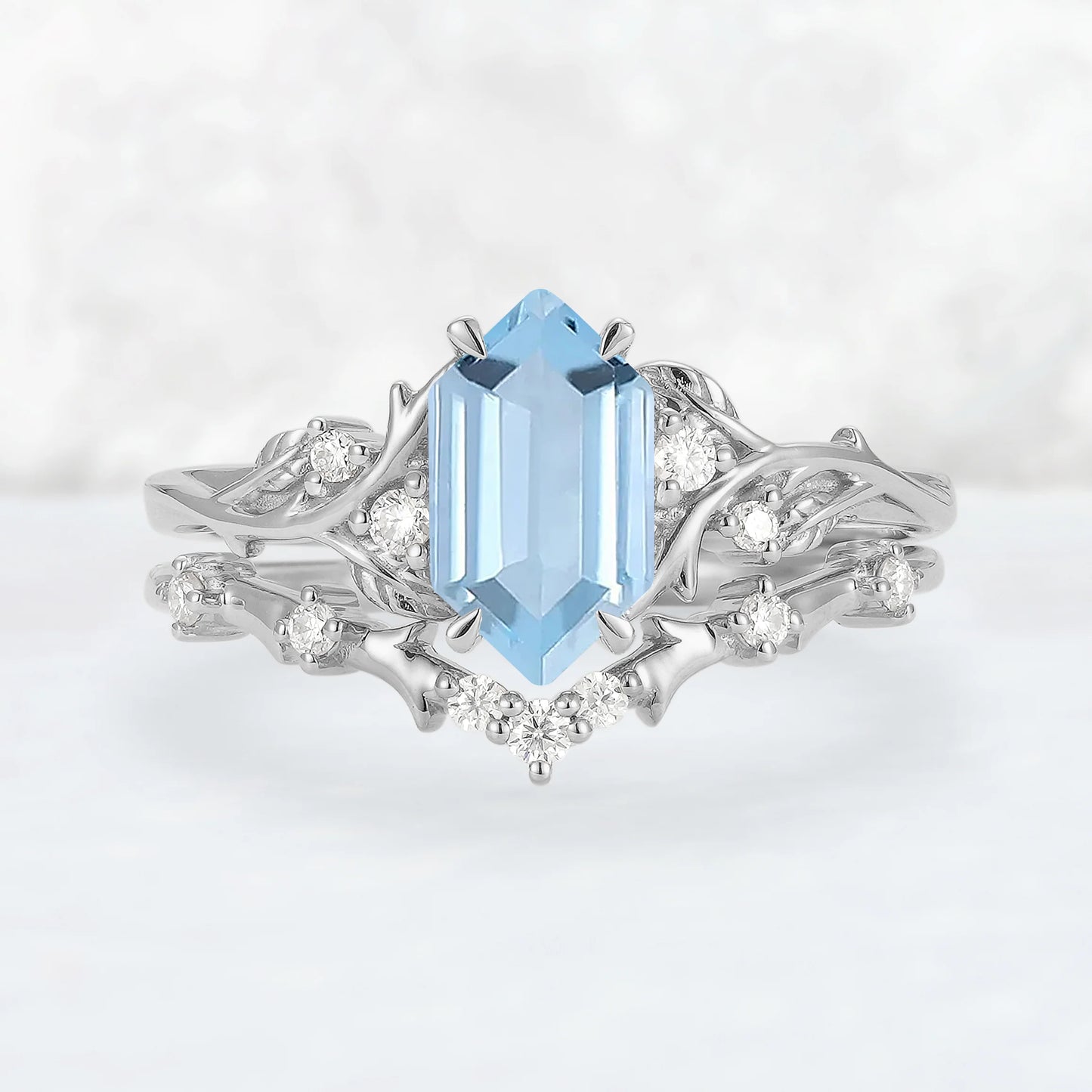 Nature Hexagon Cut Aquamarine Vine Gemstone Ring Set 2pcs