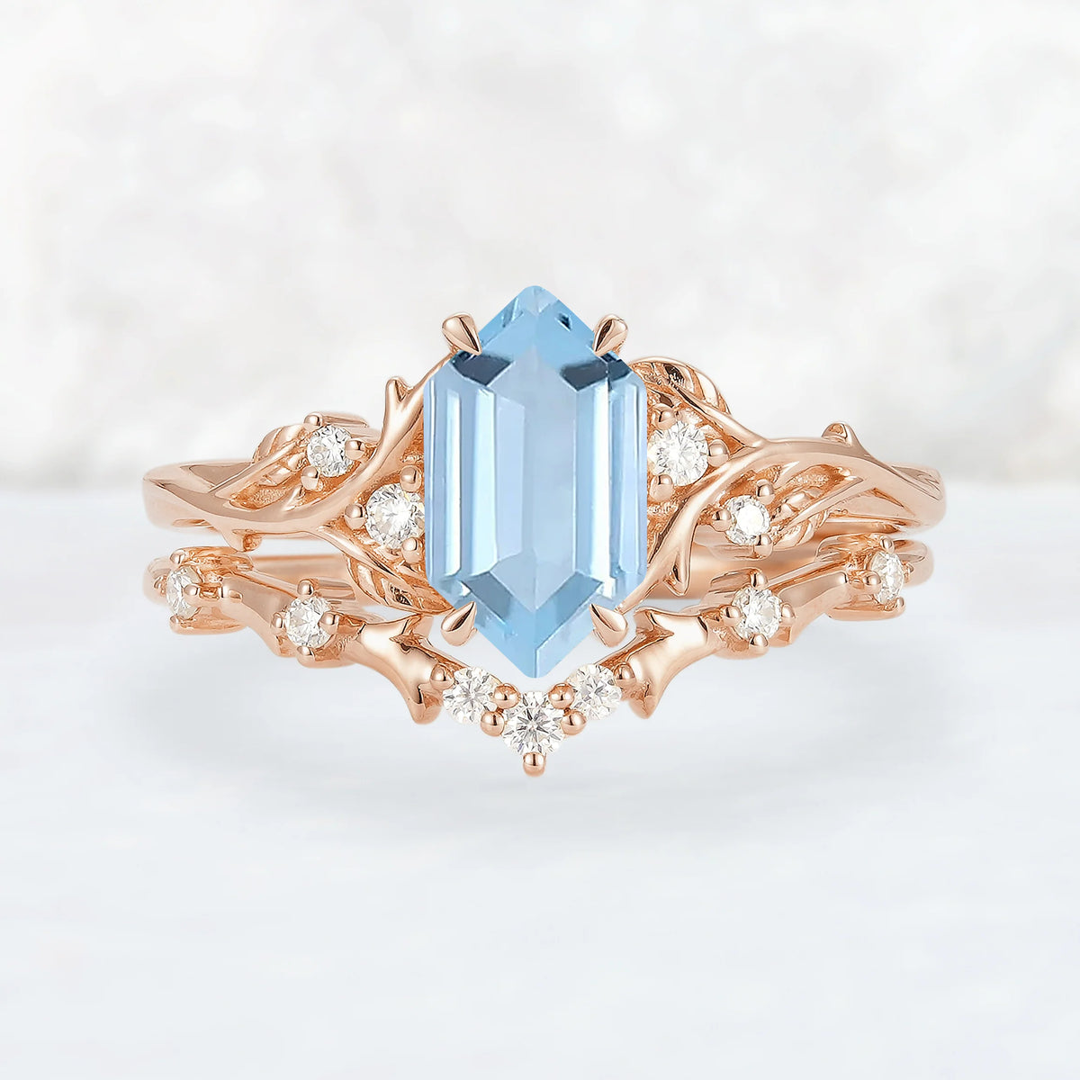 Nature Hexagon Cut Aquamarine Vine Gemstone Ring Set 2pcs