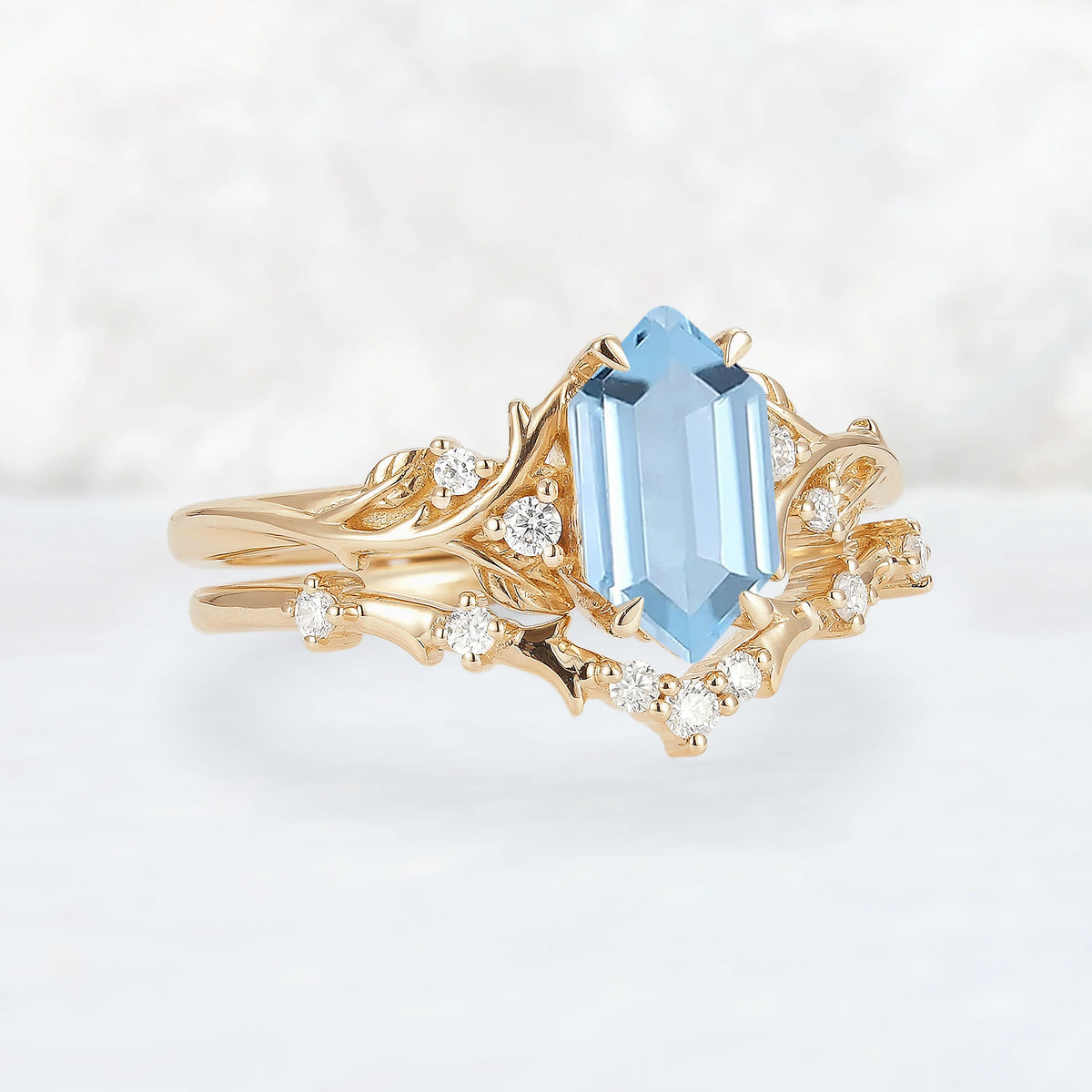Nature Hexagon Cut Aquamarine Vine Gemstone Ring Set 2pcs