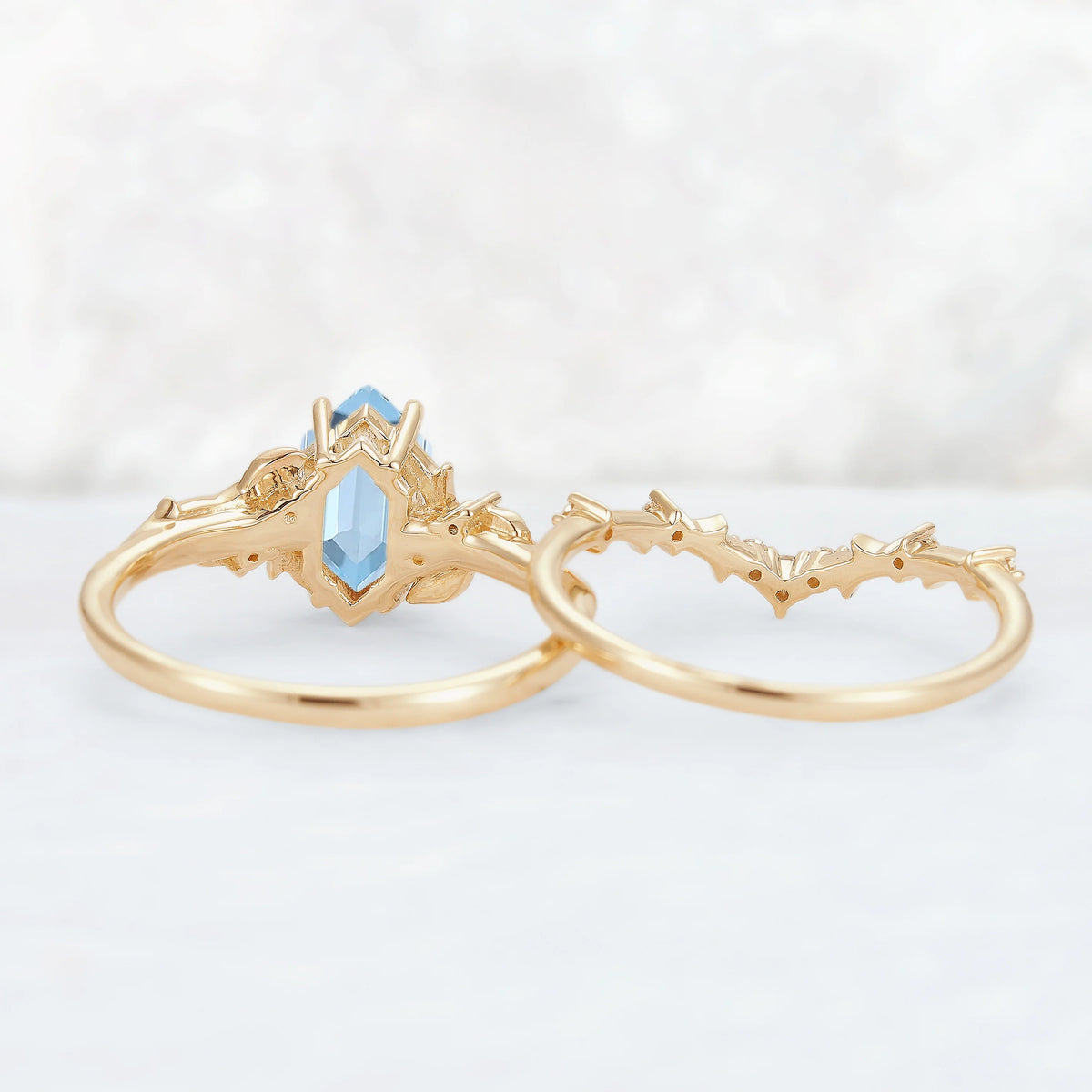 Nature Hexagon Cut Aquamarine Vine Gemstone Ring Set 2pcs