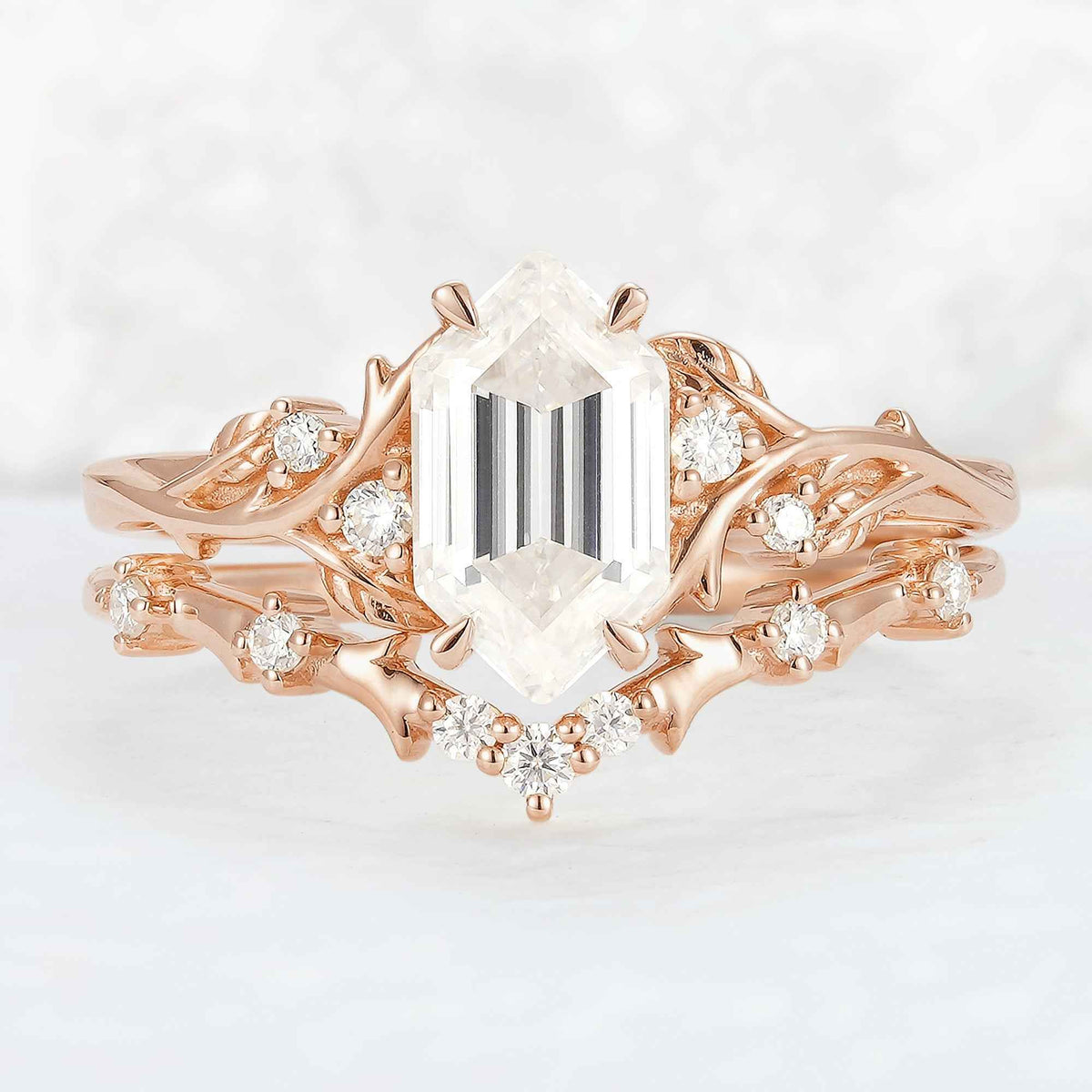 Nature Hexagon Cut Moissanite Vine Gemstone Ring Set 2pcs