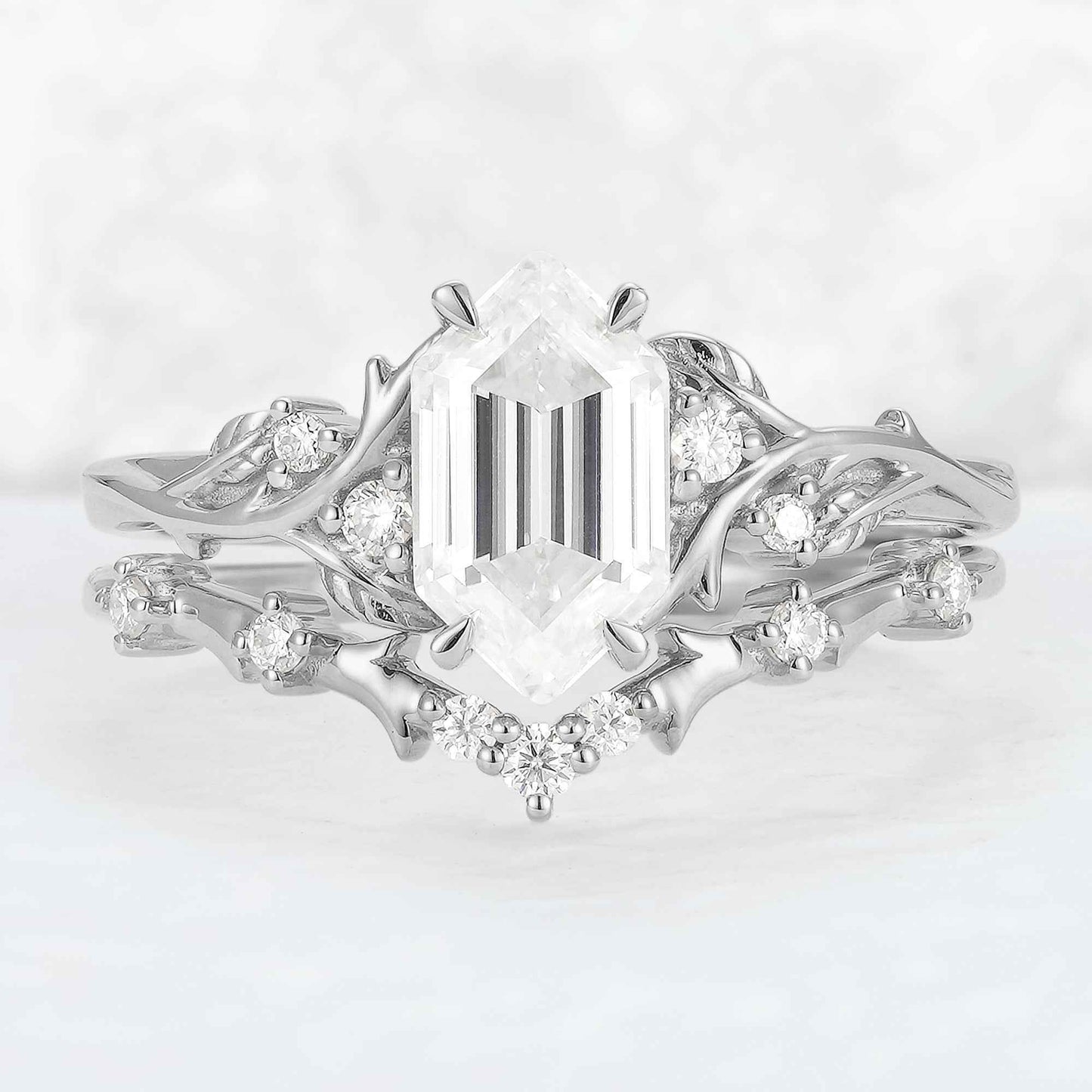 Nature Hexagon Cut Moissanite Vine Gemstone Ring Set 2pcs