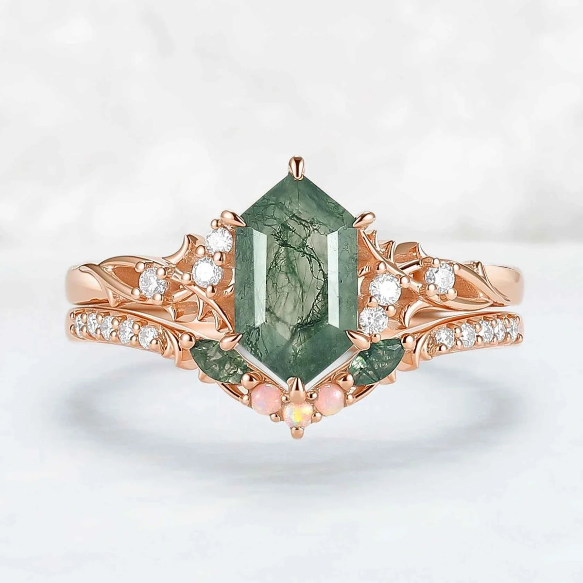 Nature Hexagon Cut Moss Agate Twig Engagement Ring Set 2pcs