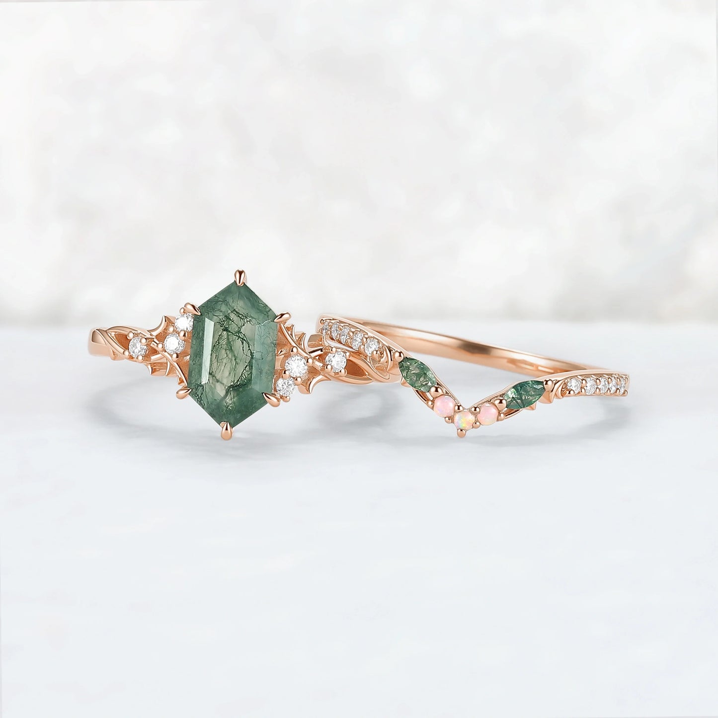 Nature Hexagon Cut Moss Agate Twig Engagement Ring Set 2pcs