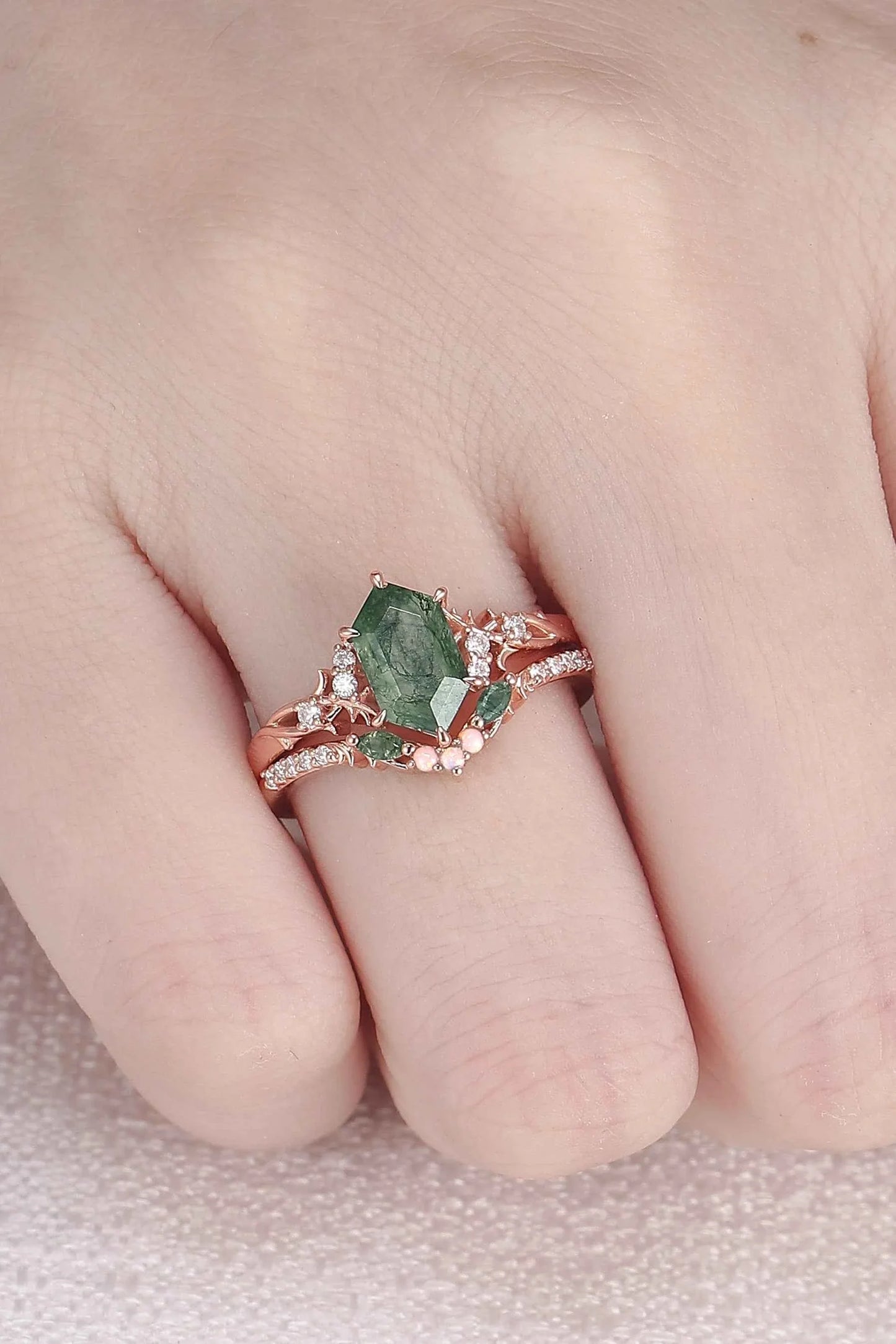 Nature Hexagon Cut Moss Agate Twig Engagement Ring Set 2pcs