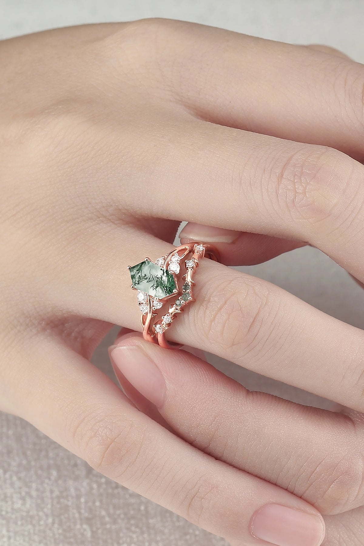 Nature Hexagon Cut Moss Agate Twig Ring Set 2pcs