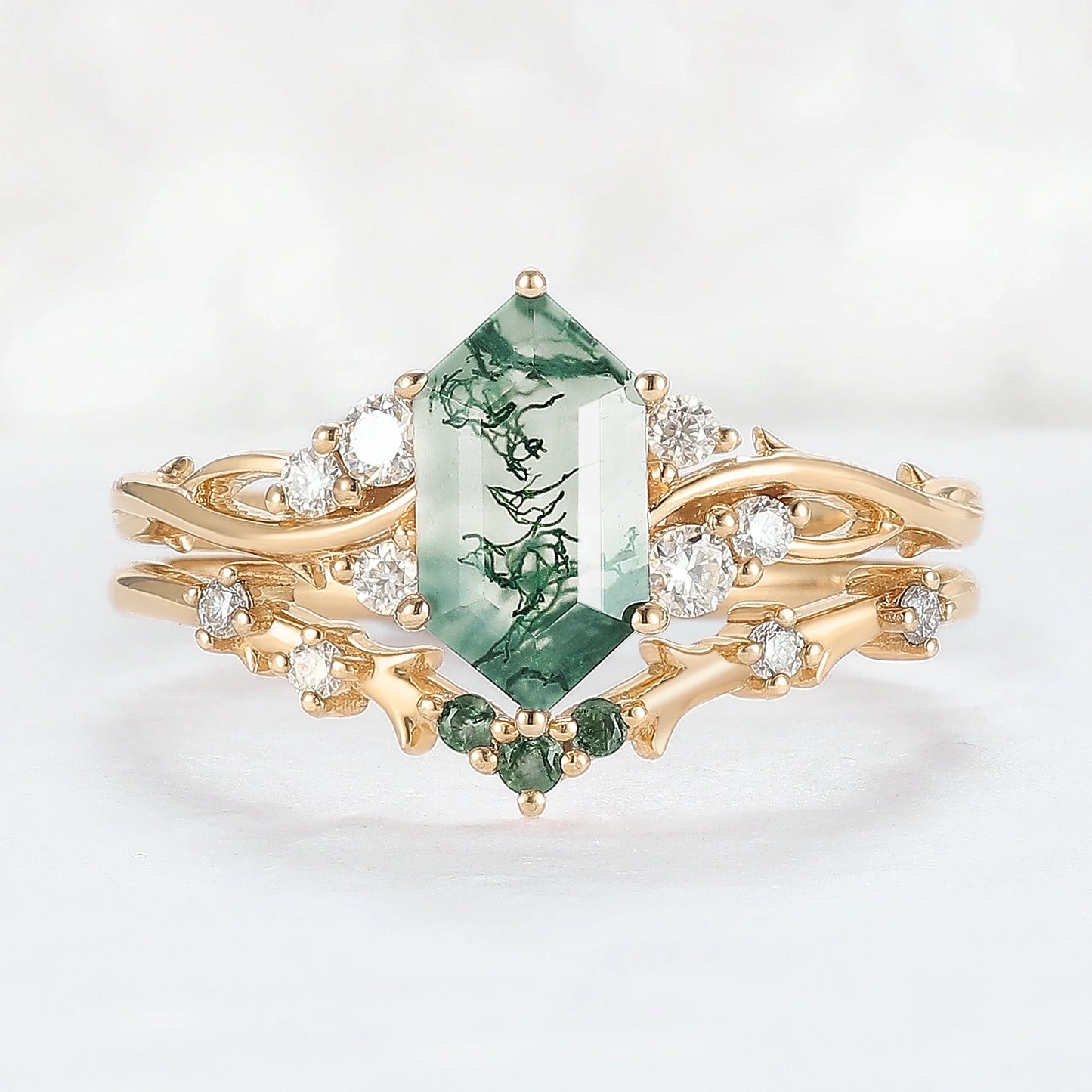 Nature Hexagon Cut Moss Agate Twig Ring Set 2pcs
