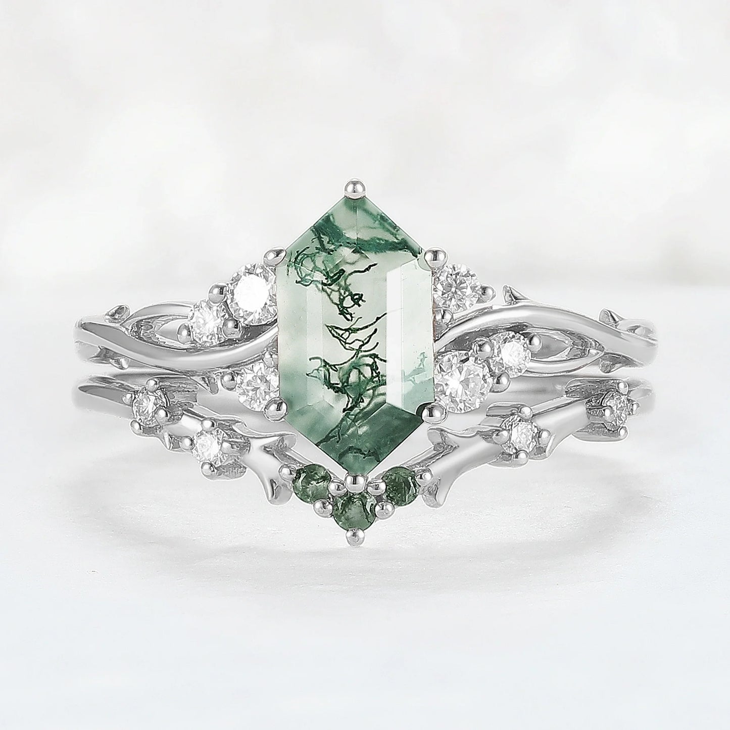Nature Hexagon Cut Moss Agate Twig Ring Set 2pcs