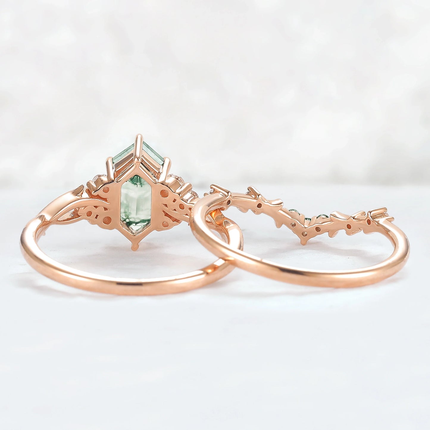 Nature Hexagon Cut Moss Agate Twig Ring Set 2pcs