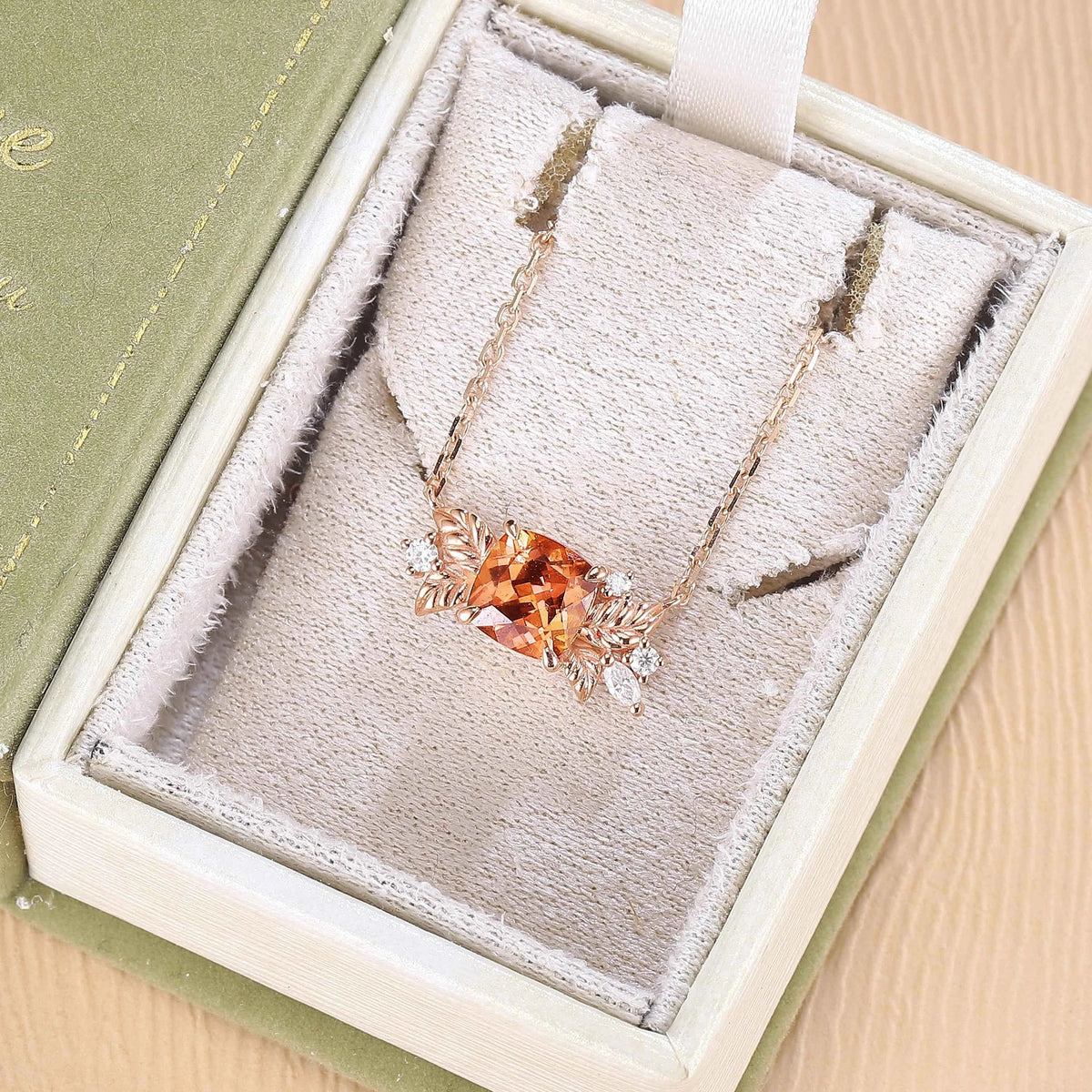 Nature Inspired Antique Cushion Cut Orange Sapphire Necklace Halloween Jewelry