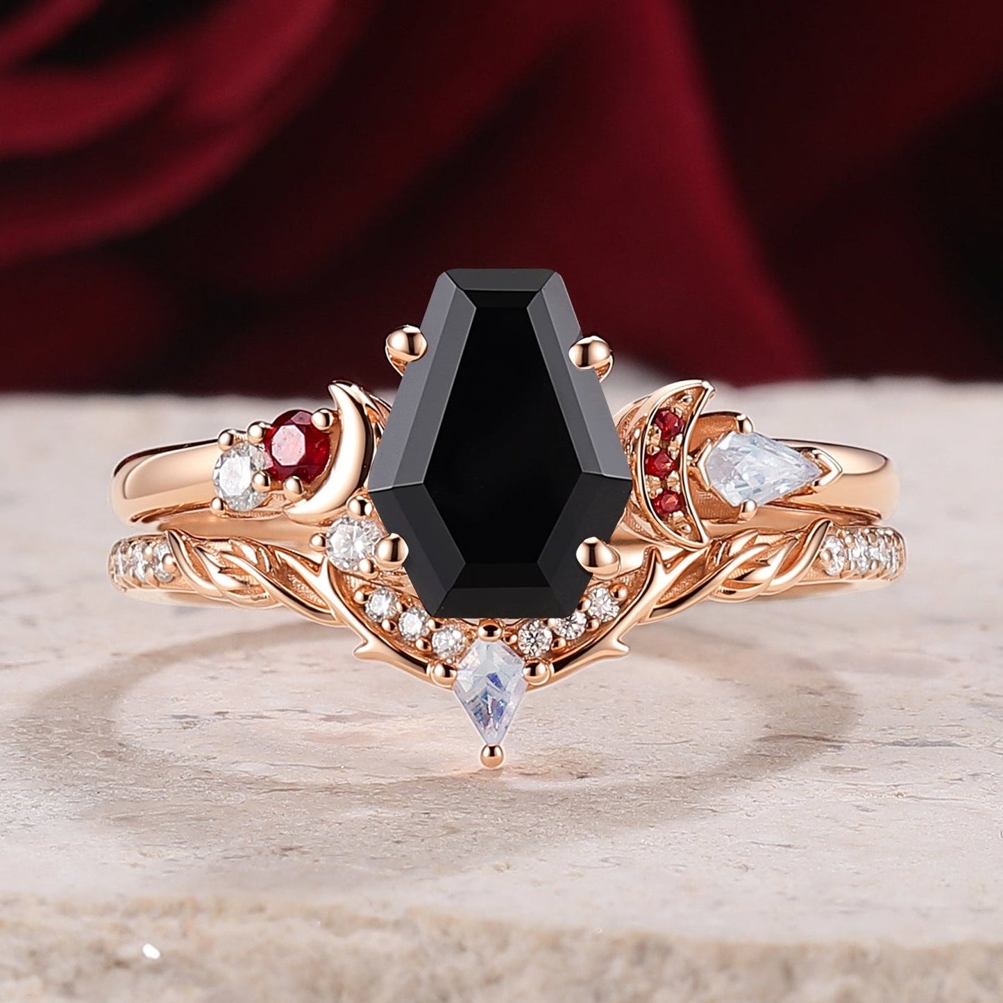 Nature Inspired Coffin Shaped Black Onyx Gemstone Ring Set 2pcs