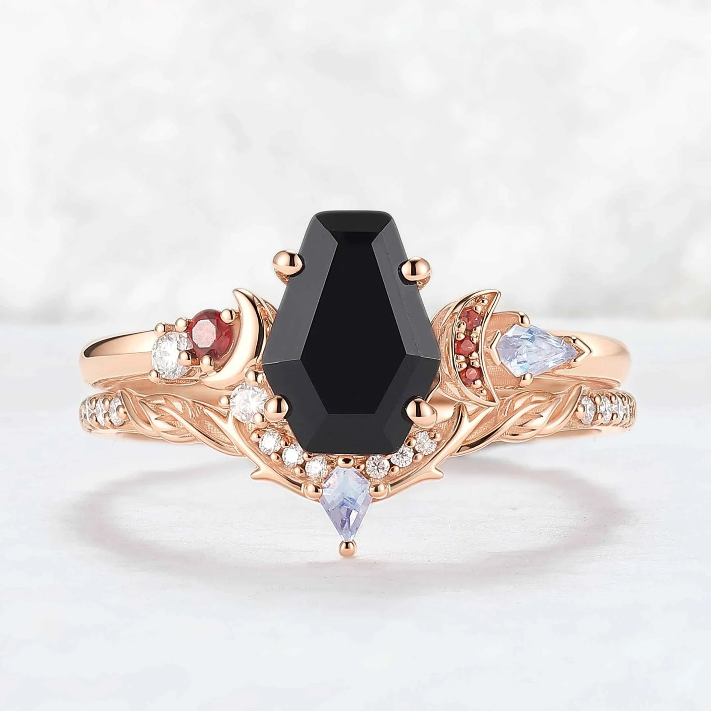 Nature Inspired Coffin Shaped Black Onyx Gemstone Ring Set 2pcs