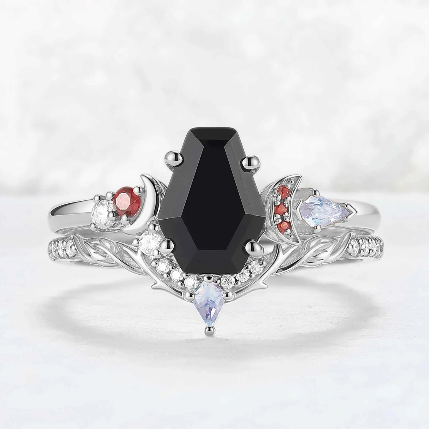 Nature Inspired Coffin Shaped Black Onyx Gemstone Ring Set 2pcs
