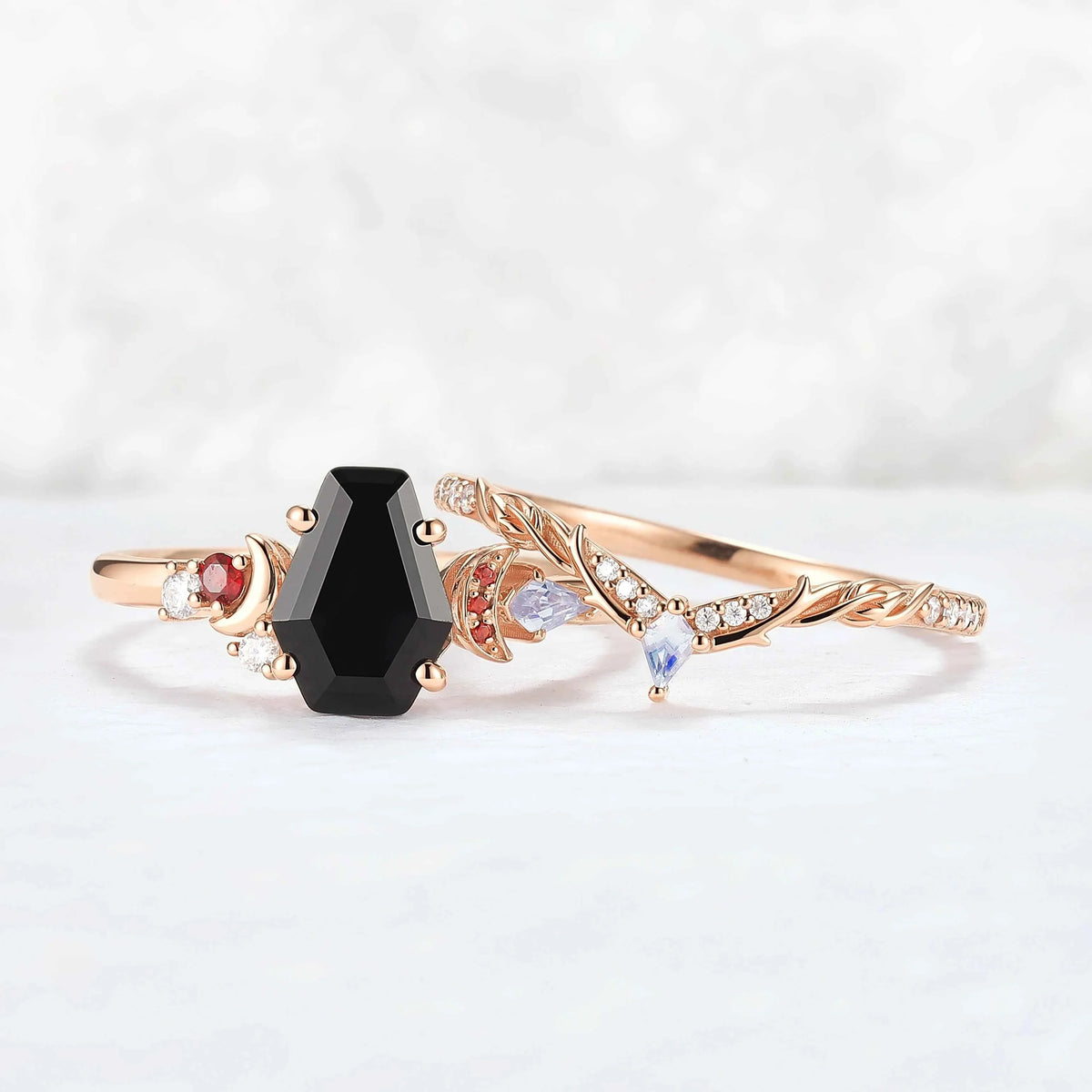 Nature Inspired Coffin Shaped Black Onyx Gemstone Ring Set 2pcs