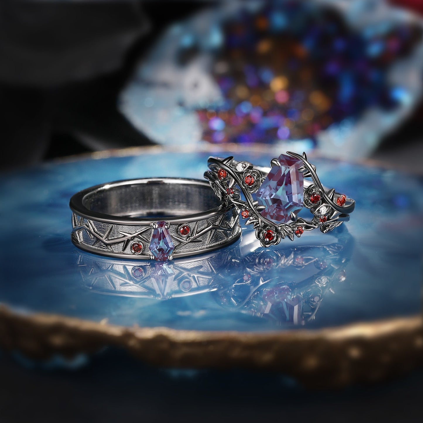 Nature Inspired Gothic Style Coffin Alexandrite 'Thorns & Roses' Couple Ring Set