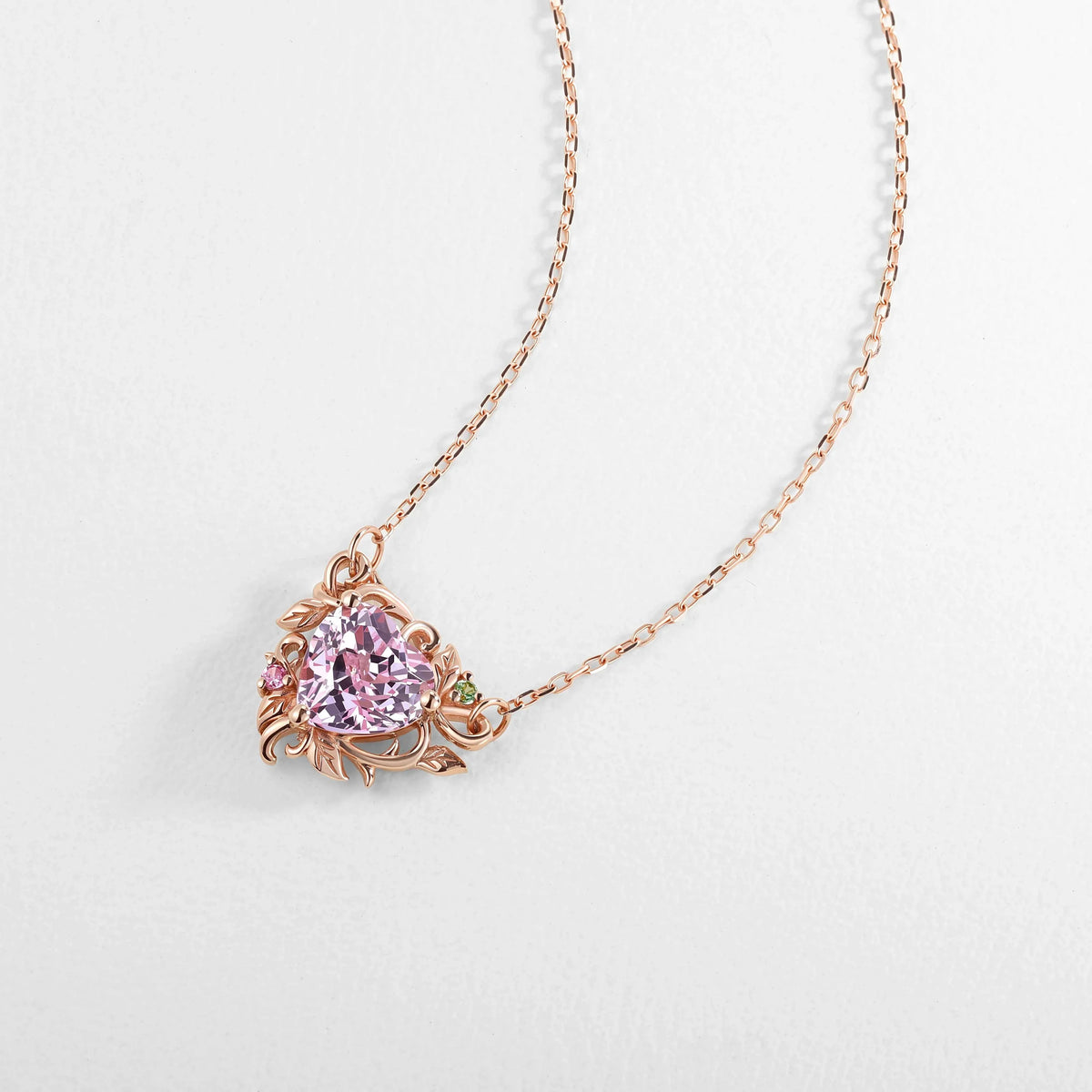Nature Inspired Heart Cut Lab Pink Sapphire Vine Pendant Necklace
