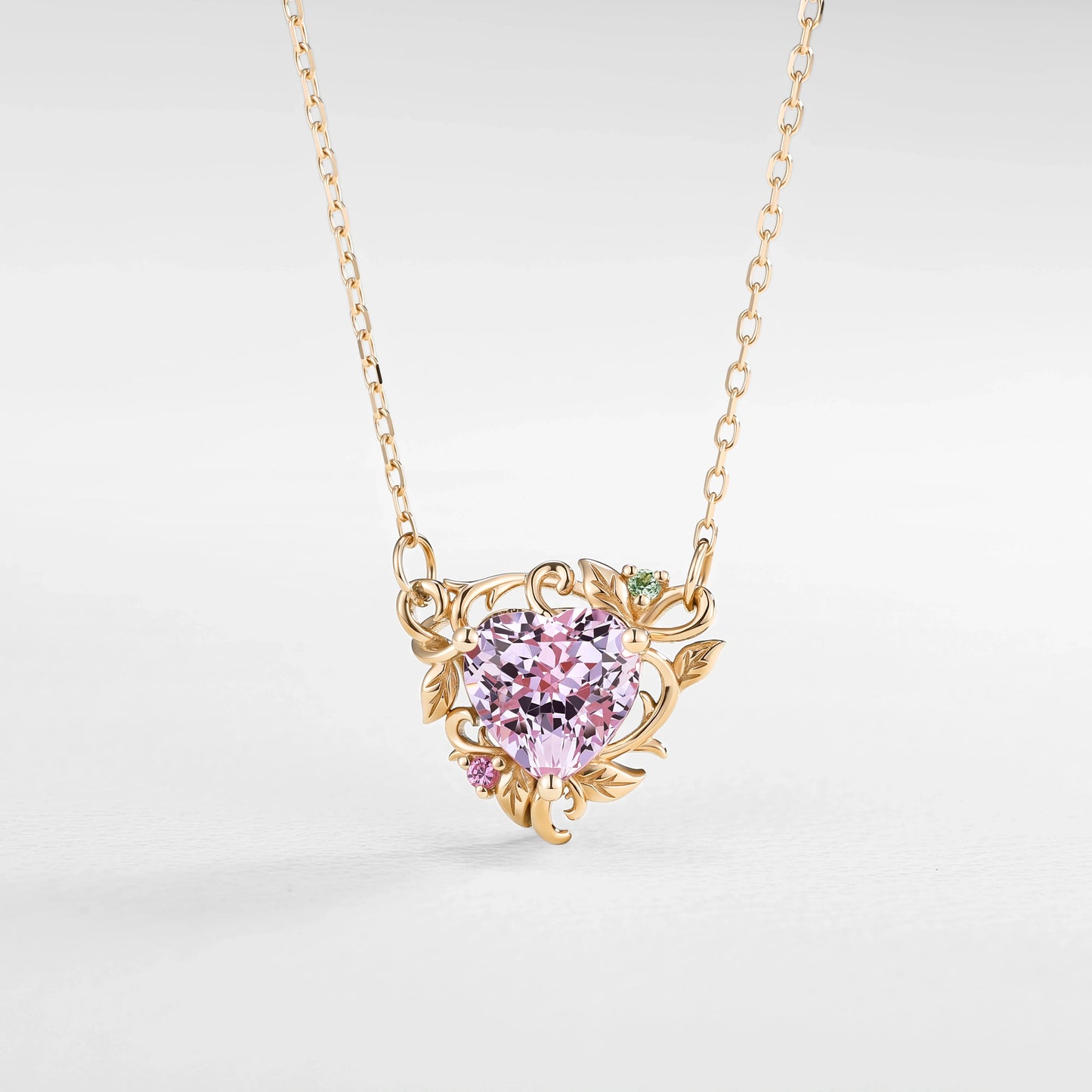 Nature Inspired Heart Cut Lab Pink Sapphire Vine Pendant Necklace