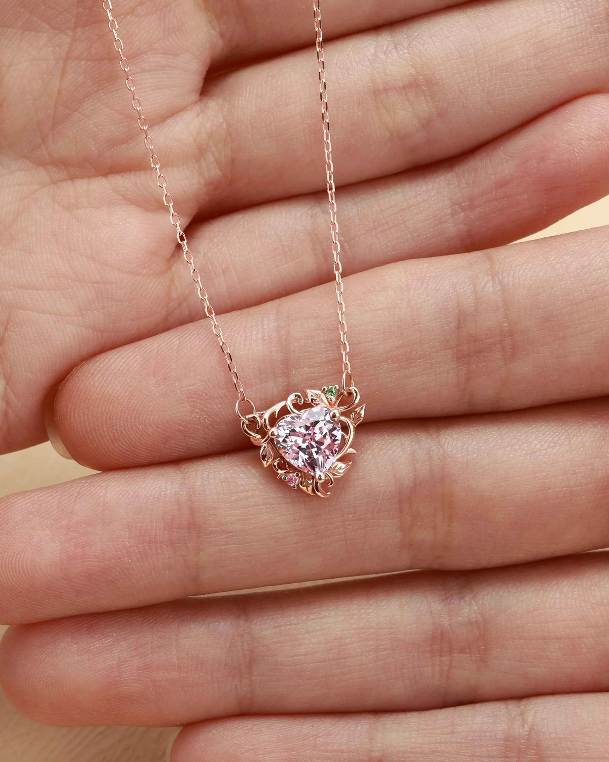 Nature Inspired Heart Cut Lab Pink Sapphire Vine Pendant Necklace