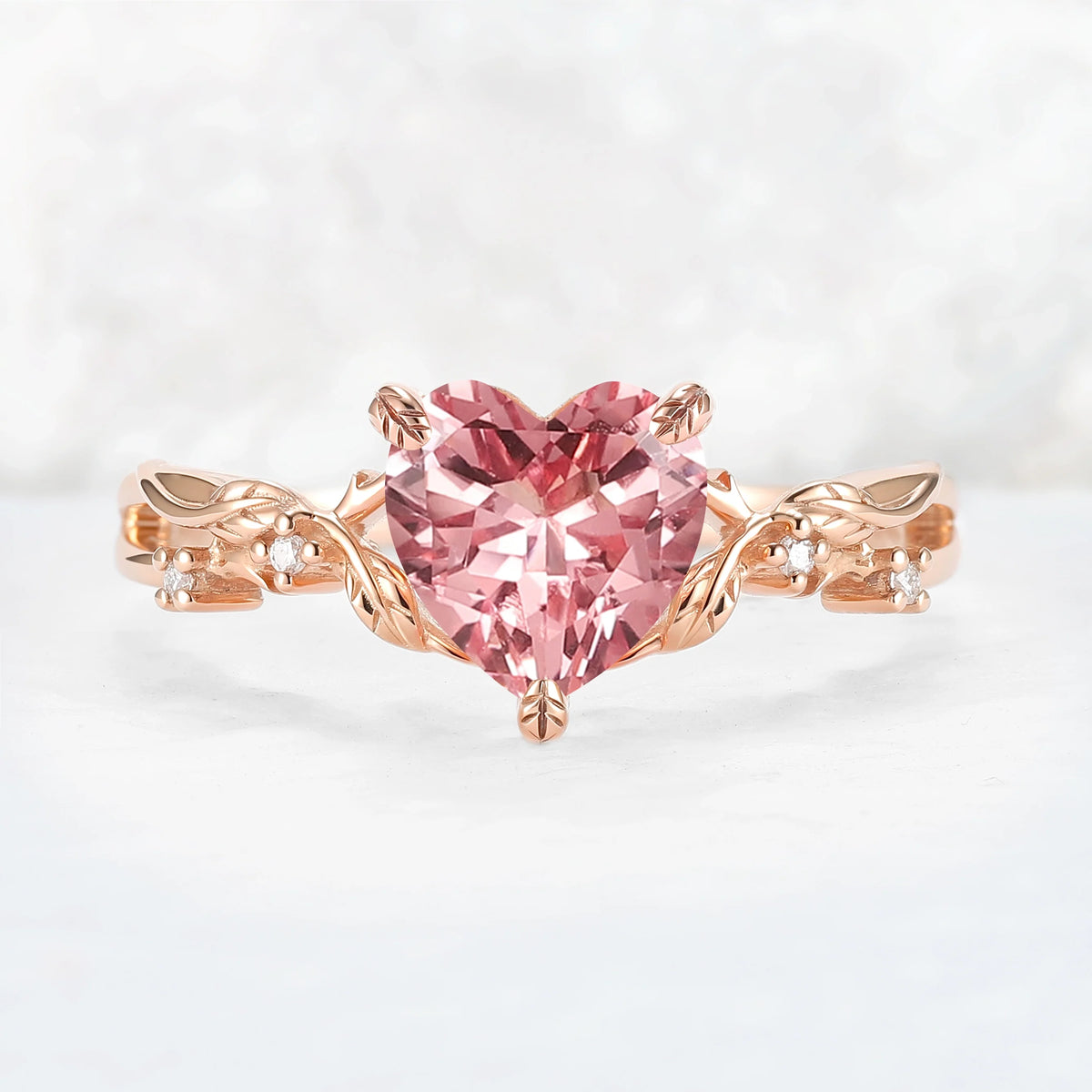 Nature Inspired Heart Cut Pink Padparadscha Leafy Gemstone Ring