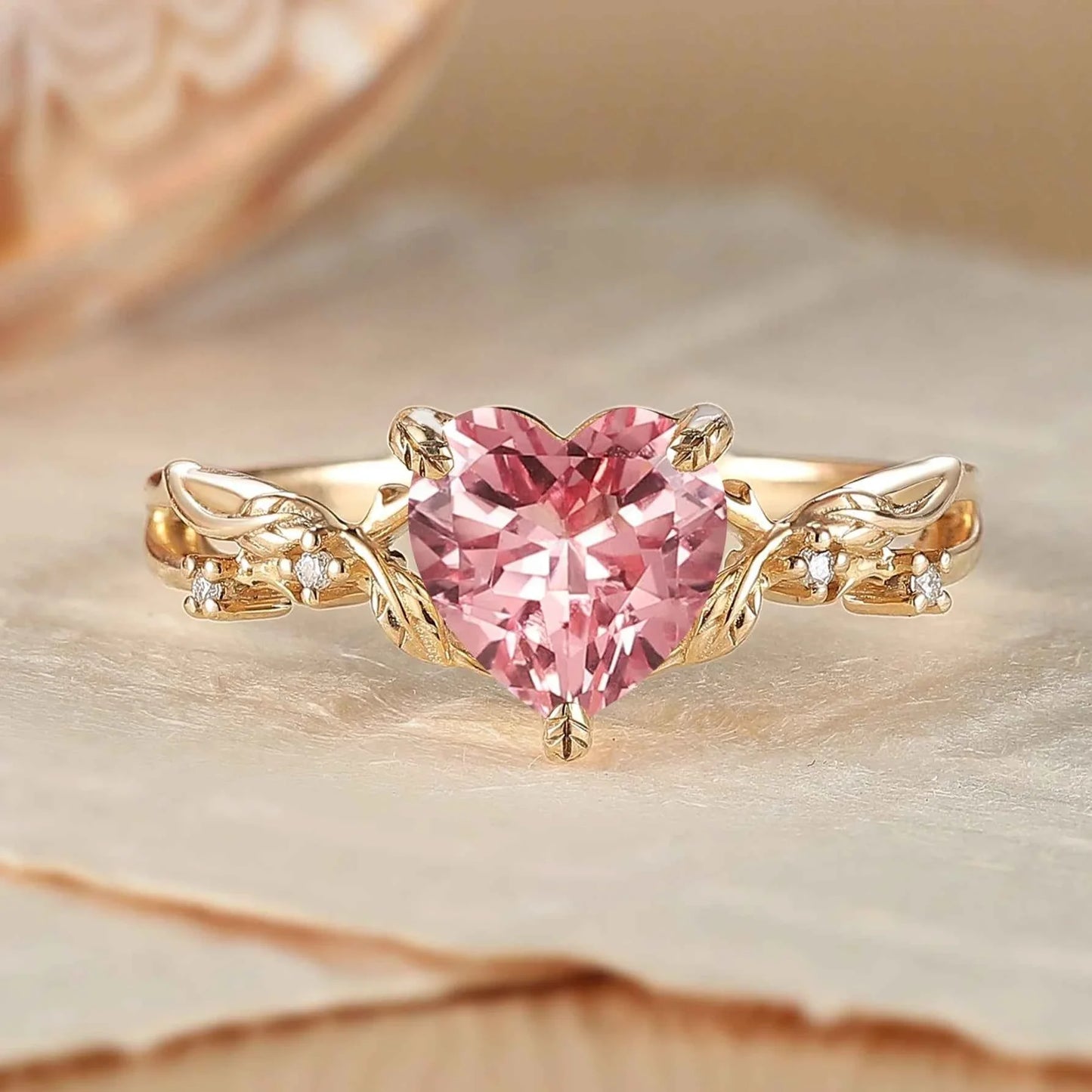 Nature Inspired Heart Cut Pink Padparadscha Leafy Gemstone Ring