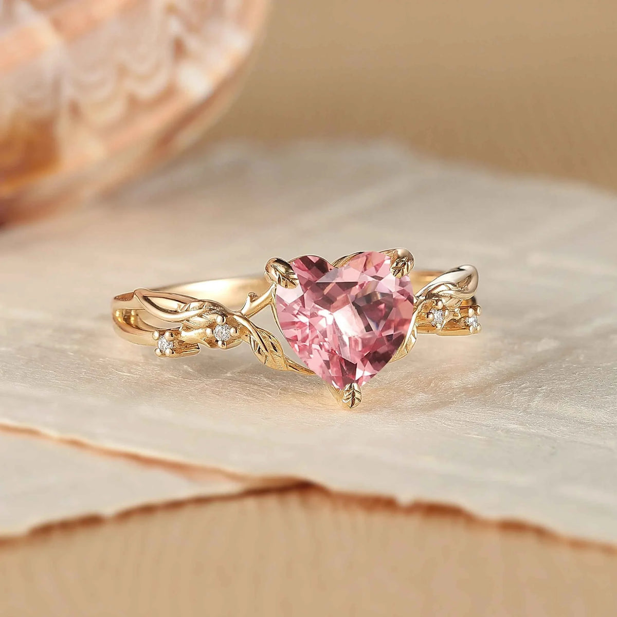 Nature Inspired Heart Cut Pink Padparadscha Leafy Gemstone Ring