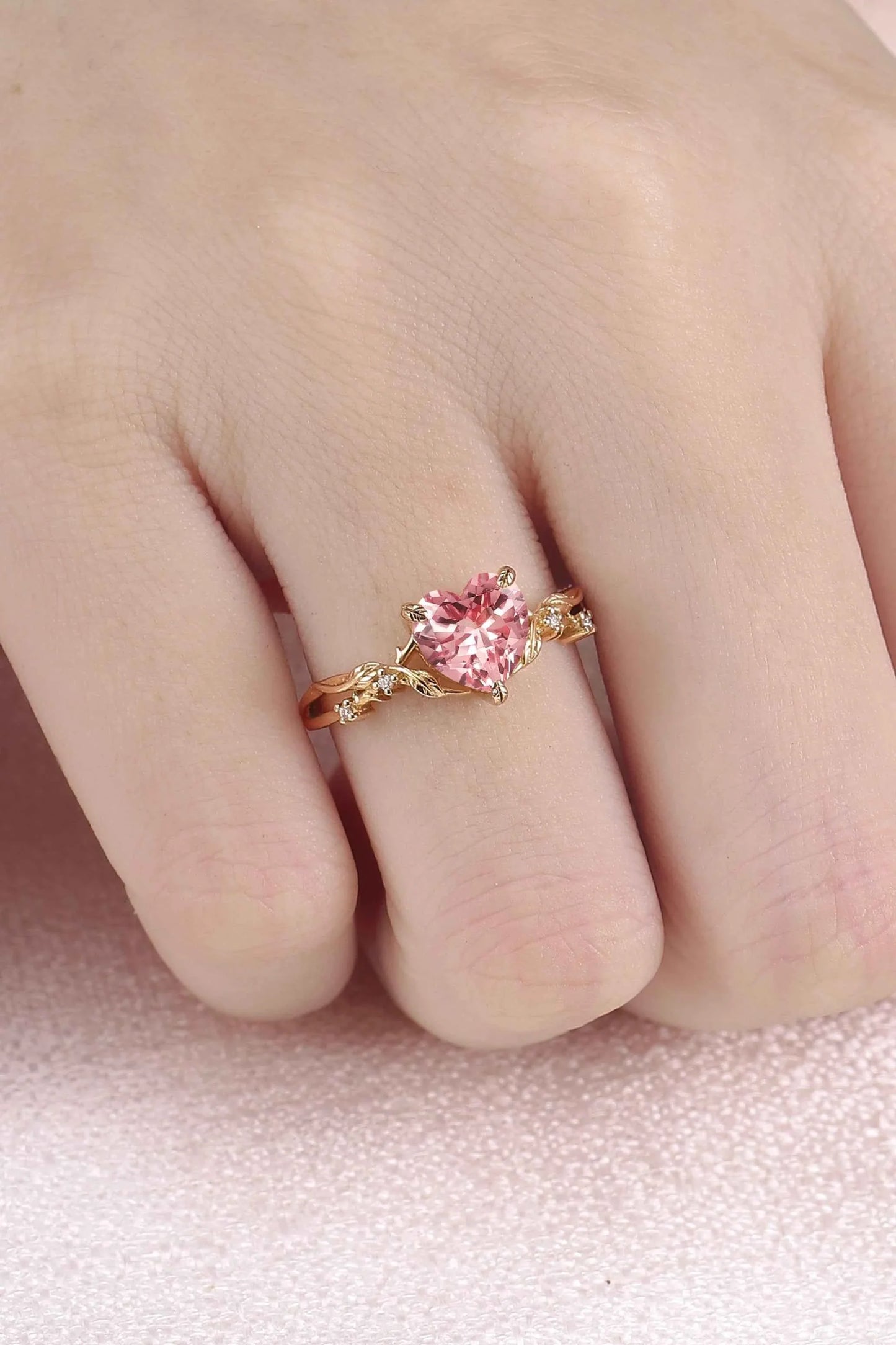 Nature Inspired Heart Cut Pink Padparadscha Leafy Gemstone Ring